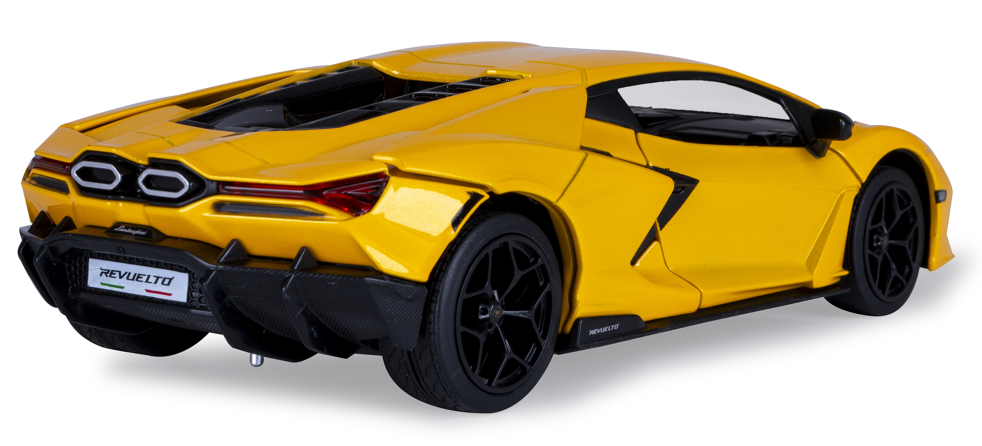 Ein gelbes Lamborghini Revuelto Modellauto. Es hat schwarze Räder und Akzente. Die Rücklichter sind rot, das Nummernschild lautet REVUELTO.
