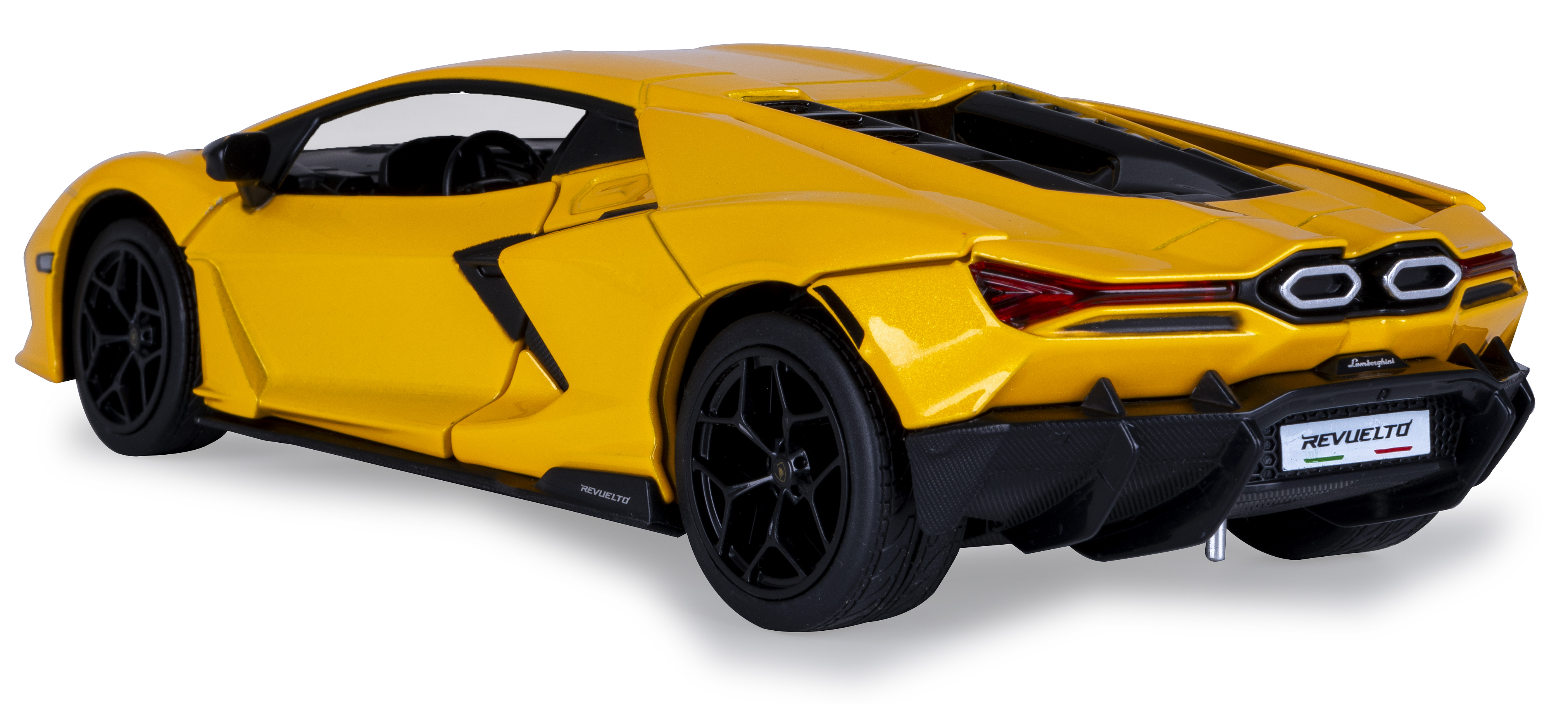 Ein gelbes Lamborghini Revuelto Modellauto. Es steht auf einer weißen Oberfläche. Das Auto ist zum Betrachter hin abgewinkelt und zeigt das Heck.