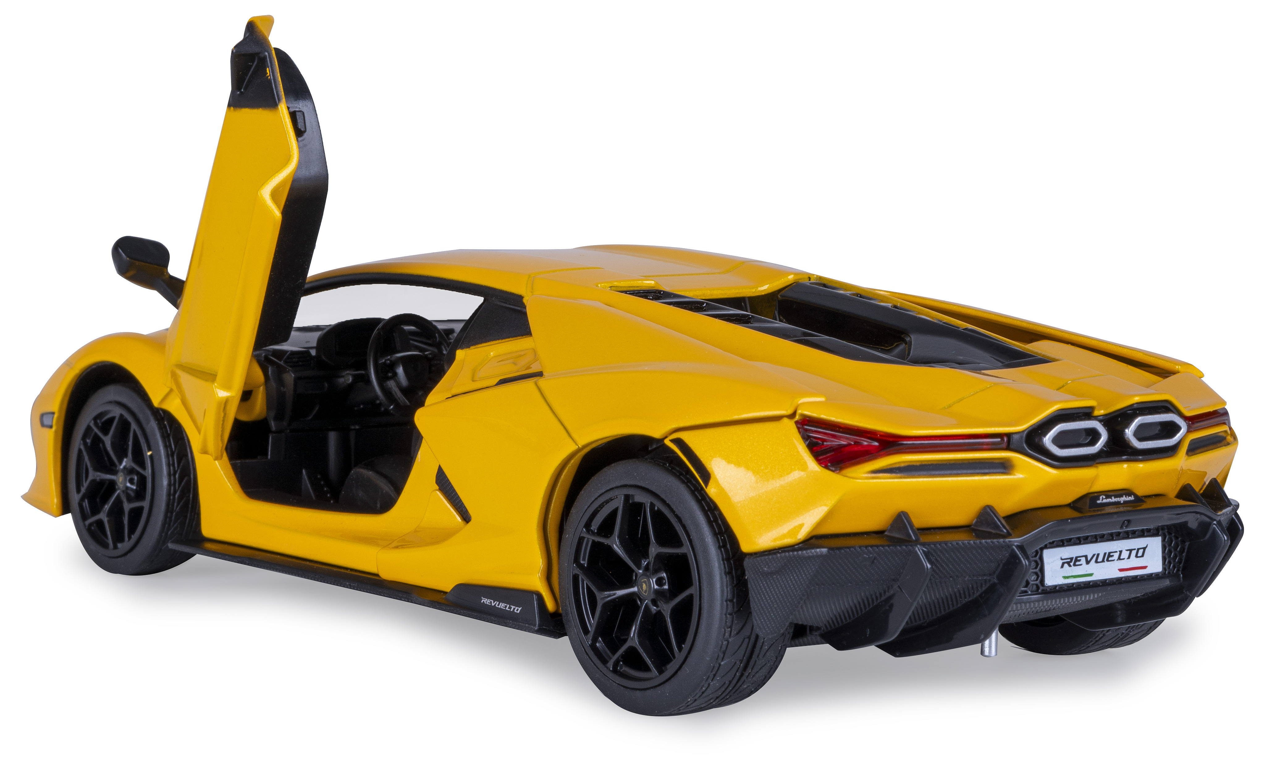 Ein gelbes Lamborghini Revuelto-Modell mit geöffneter Tür. Schwarze Räder und Innenausstattung sind sichtbar. Das Auto steht auf weißem Untergrund.