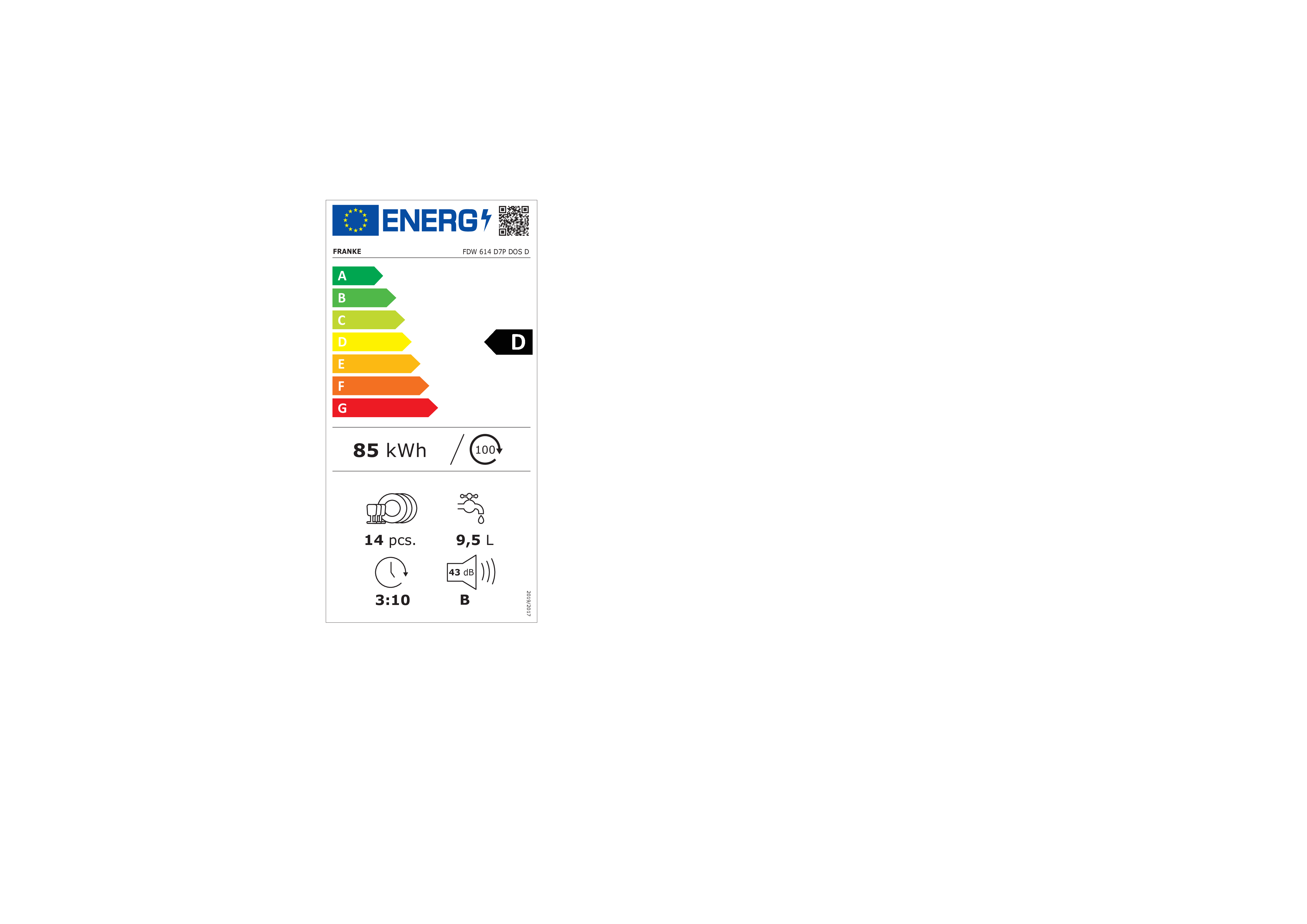Etichetta energetica per lavastoviglie Franke. Mostra informazioni sull'efficienza energetica, incluso il consumo idrico.