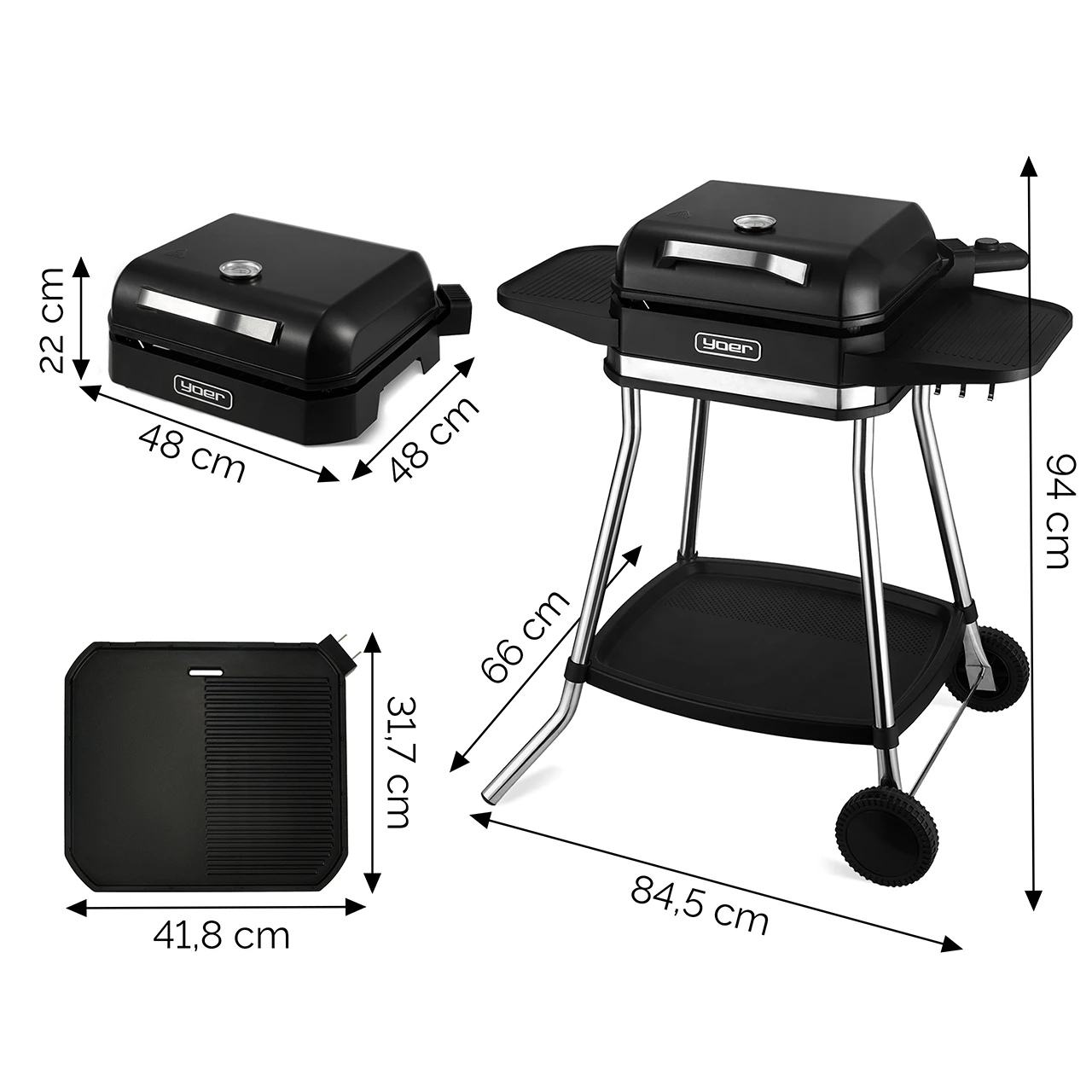 Czarny grill Yoer z wymiarami. Zawiera oddzielną pokrywę grilla i płytę do smażenia, wszystko czarne. Grill stoi na kołach.