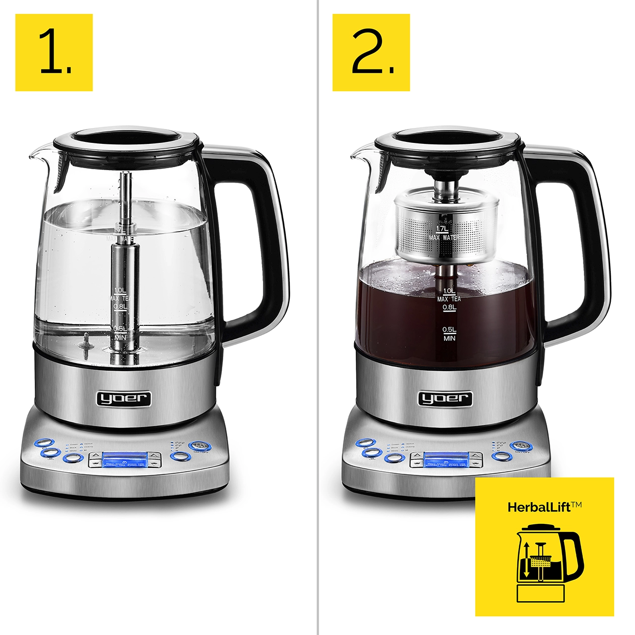 Przezroczysty szklany czajnik elektryczny. Po lewej woda; po prawej herbata. Podstawa ze stali nierdzewnej z elementami sterującymi. Logo HerbalLift po prawej.