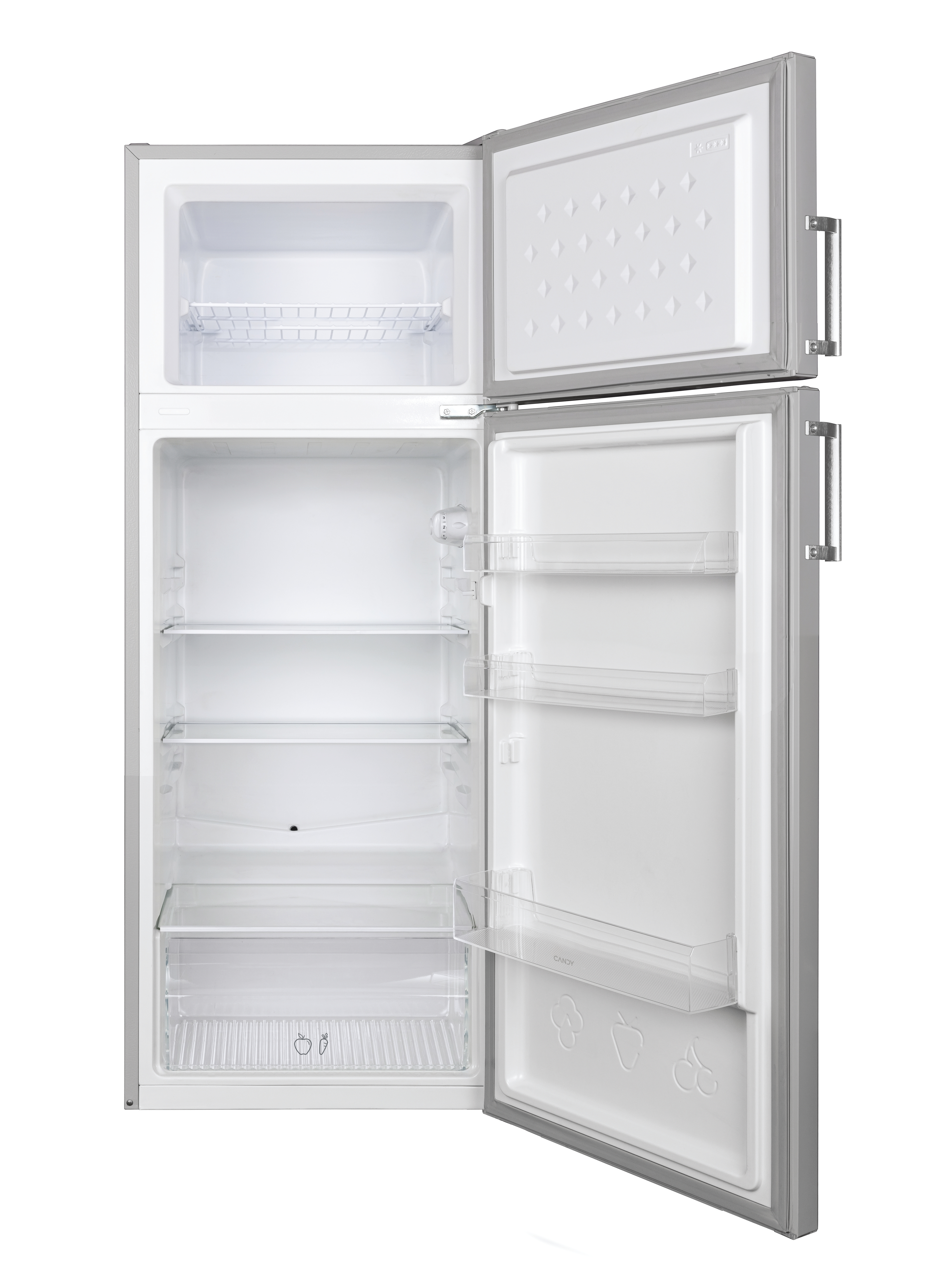 Un refrigerador abierto y vacío con las puertas superior y principal abiertas. Tiene estantes y es blanco y gris.