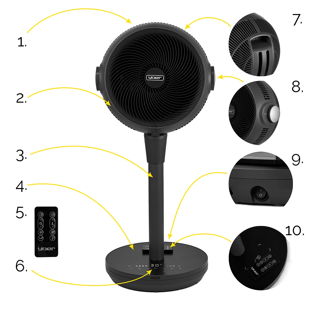 Czarny wentylator Yoer z okrągłą głowicą, stojakiem i podstawą. Zawiera pilota i panel sterowania na podstawie.
