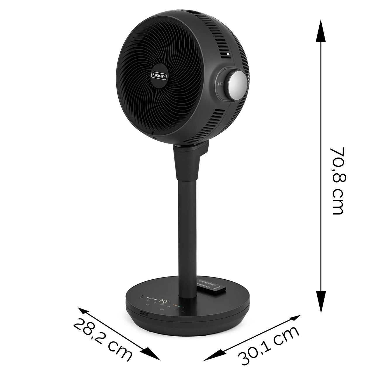 Czarny wentylator stojący z okrągłą głowicą i podstawą. Wymiary: wysokość 70,8 cm, szerokość podstawy 30,1 cm, głębokość 28,2 cm.