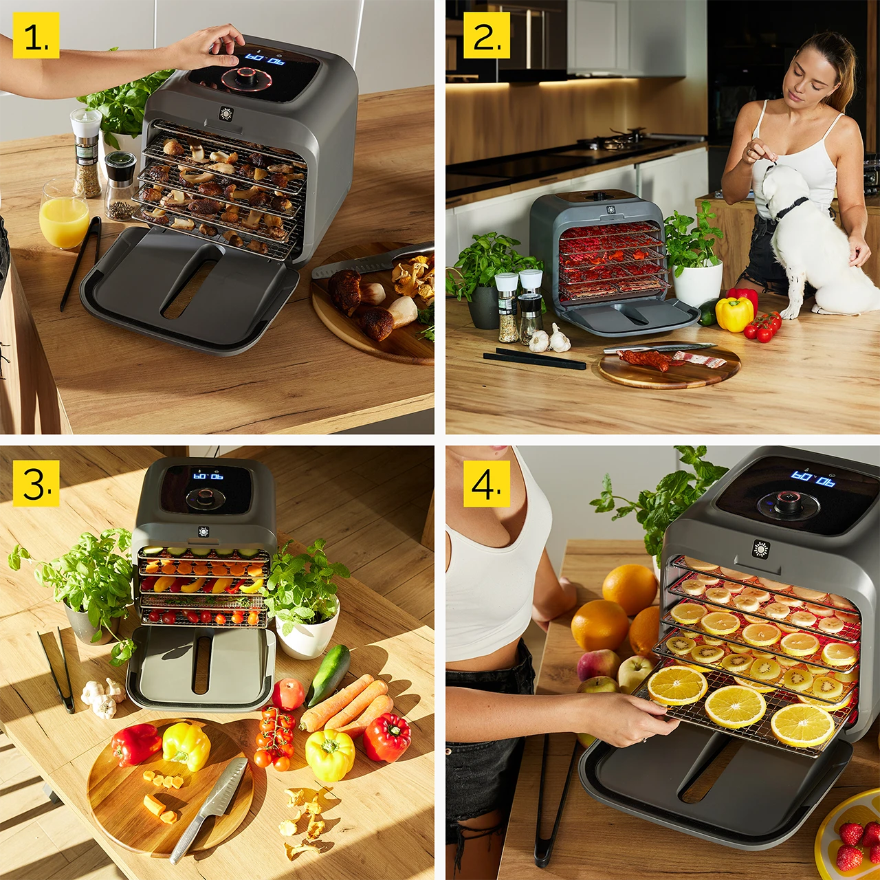 Osoba obsługuje dehydrator żywności z półkami pełnymi grzybów. Szklanka soku pomarańczowego i przyprawy stoją obok na drewnianej powierzchni.