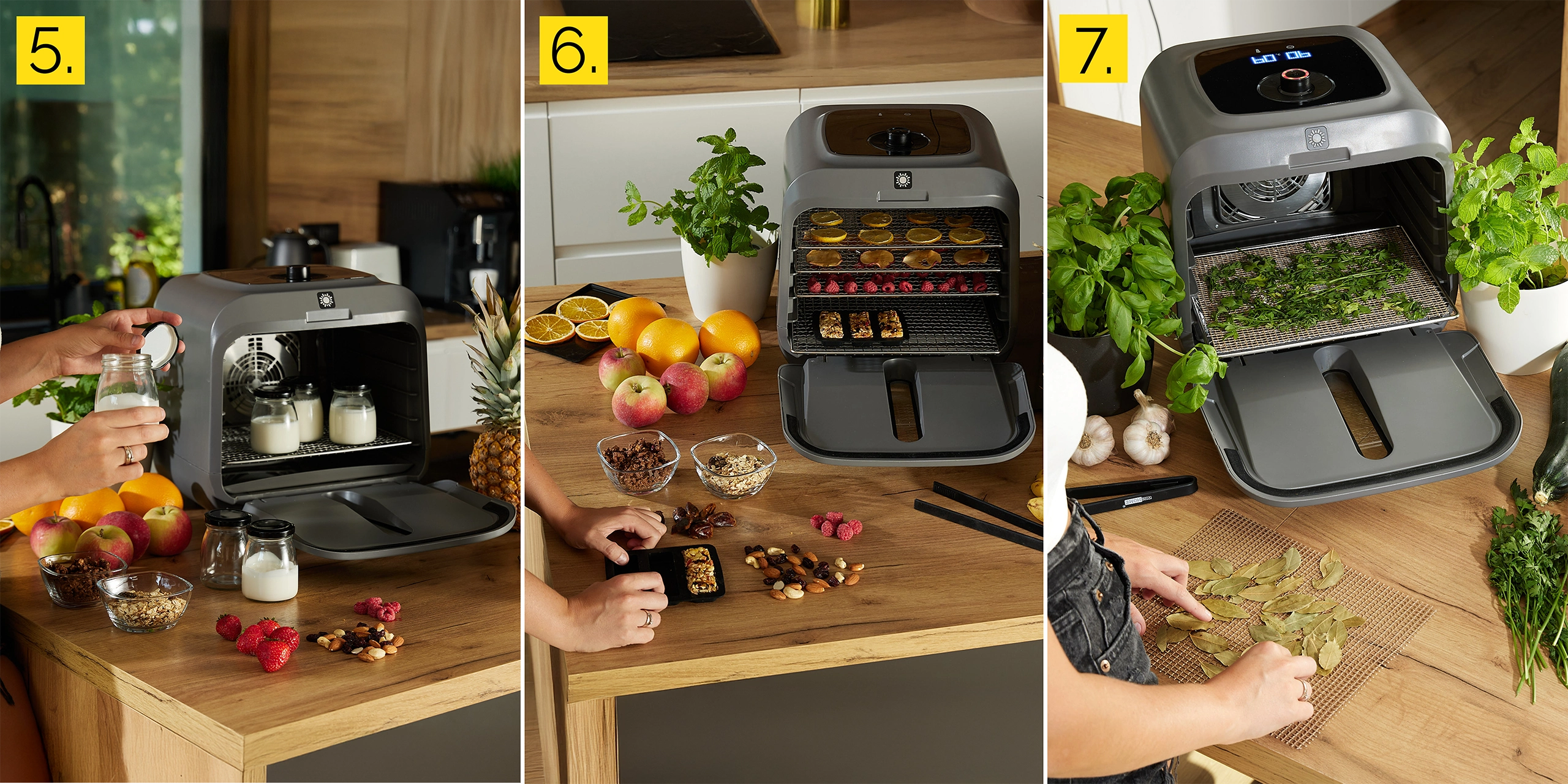 Scena kuchenna z suszarką do żywności. W środku słoiki z jogurtem. Owoce i orzechy na stole. Osoba wkłada coś do słoika.