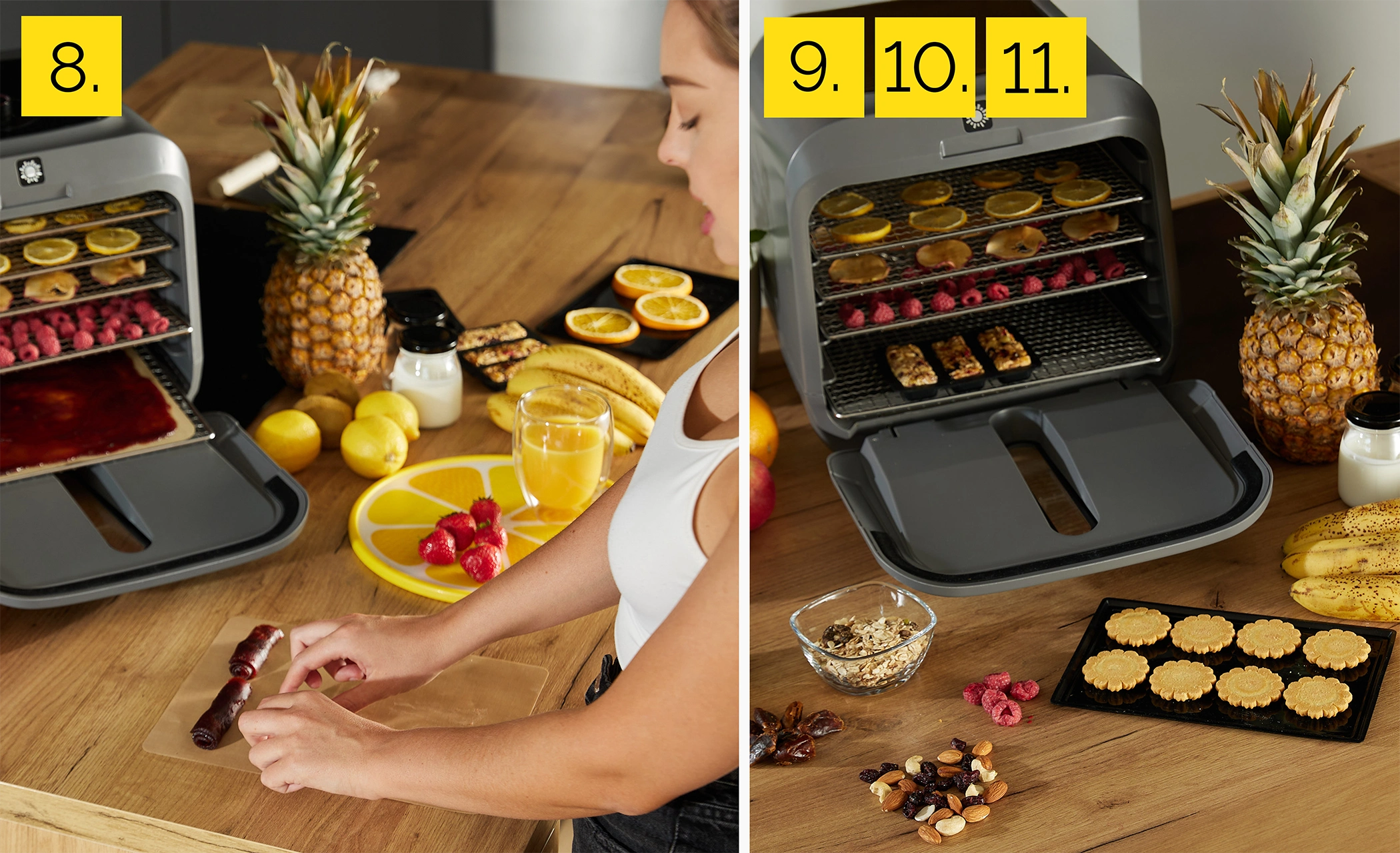Kobieta przygotowuje suszone rolki owocowe. Na drewnianym stole znajduje się dehydrator, ananas, cytryny, pomarańcze i banany.