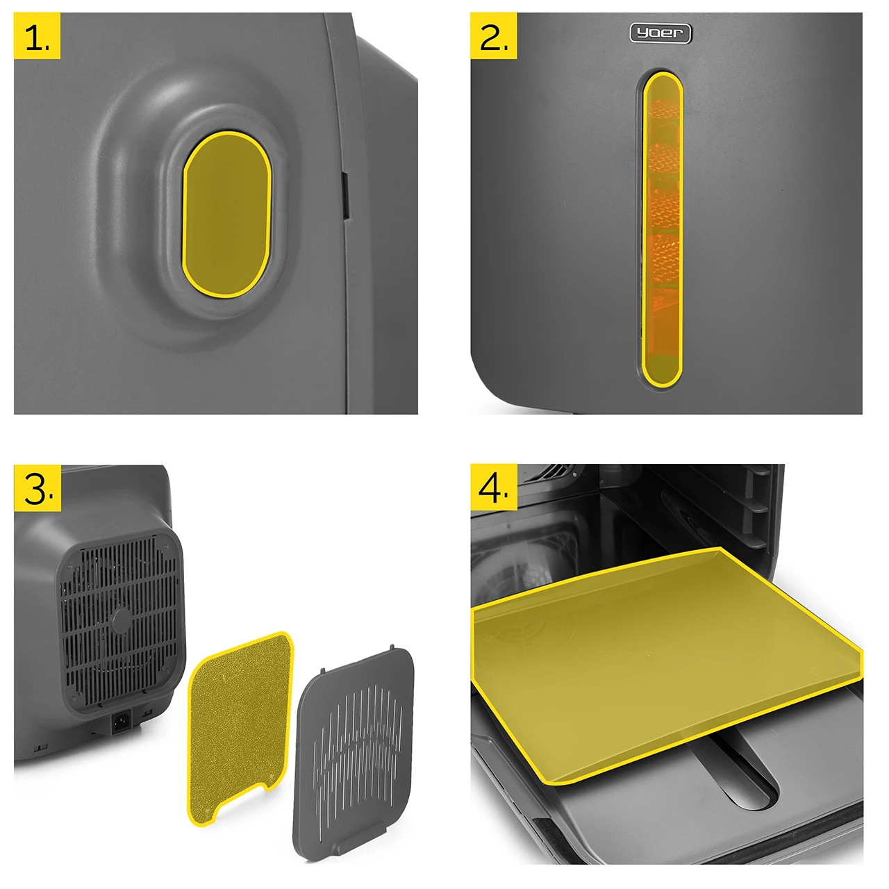 Zbliżenie szarego urządzenia z żółtymi akcentami: przycisk, okno i taca. Trzy części pokazane osobno.