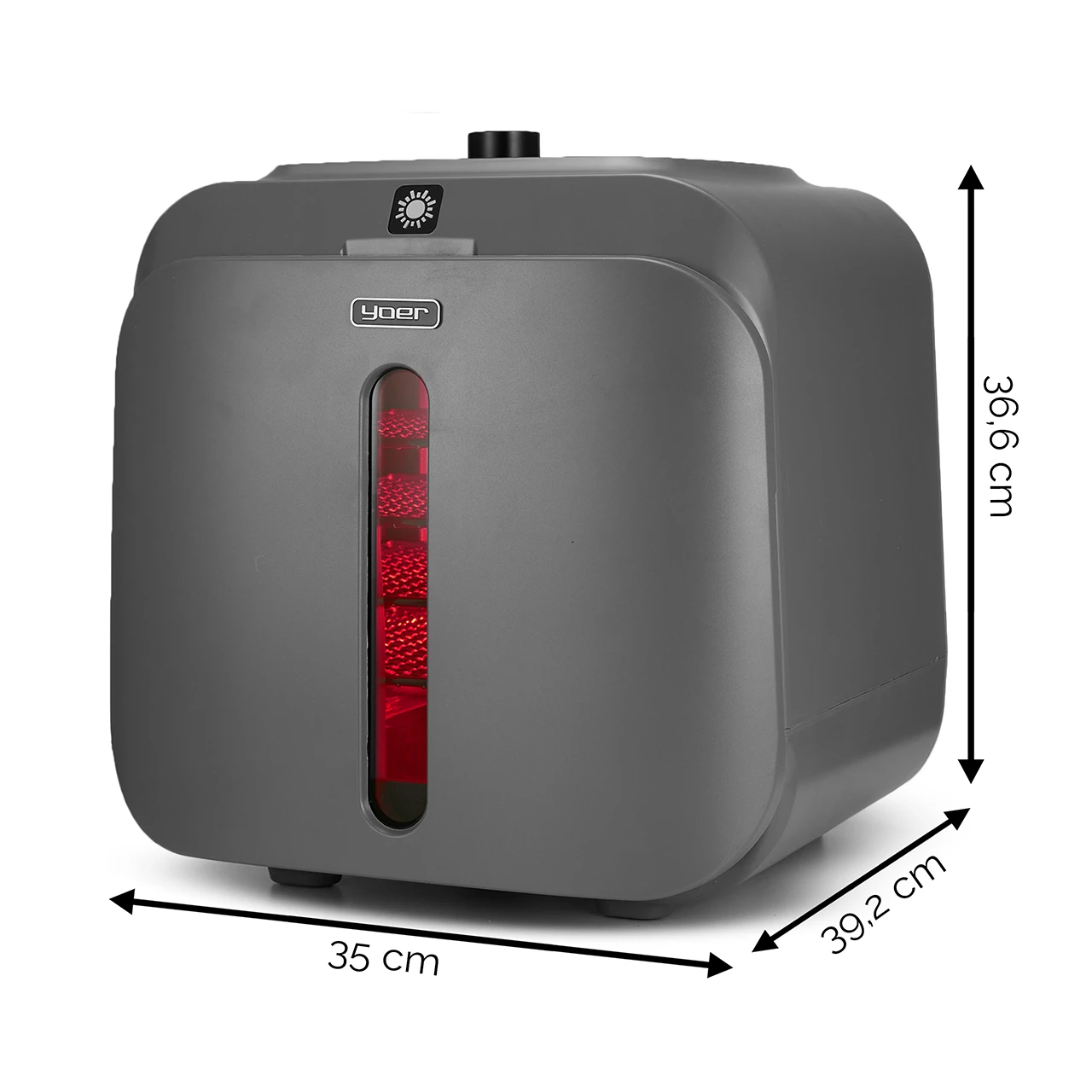 Szara niszczarka z wymiarami. Czerwone światło widoczne przez okno. Marka 'Yoer' z przodu.