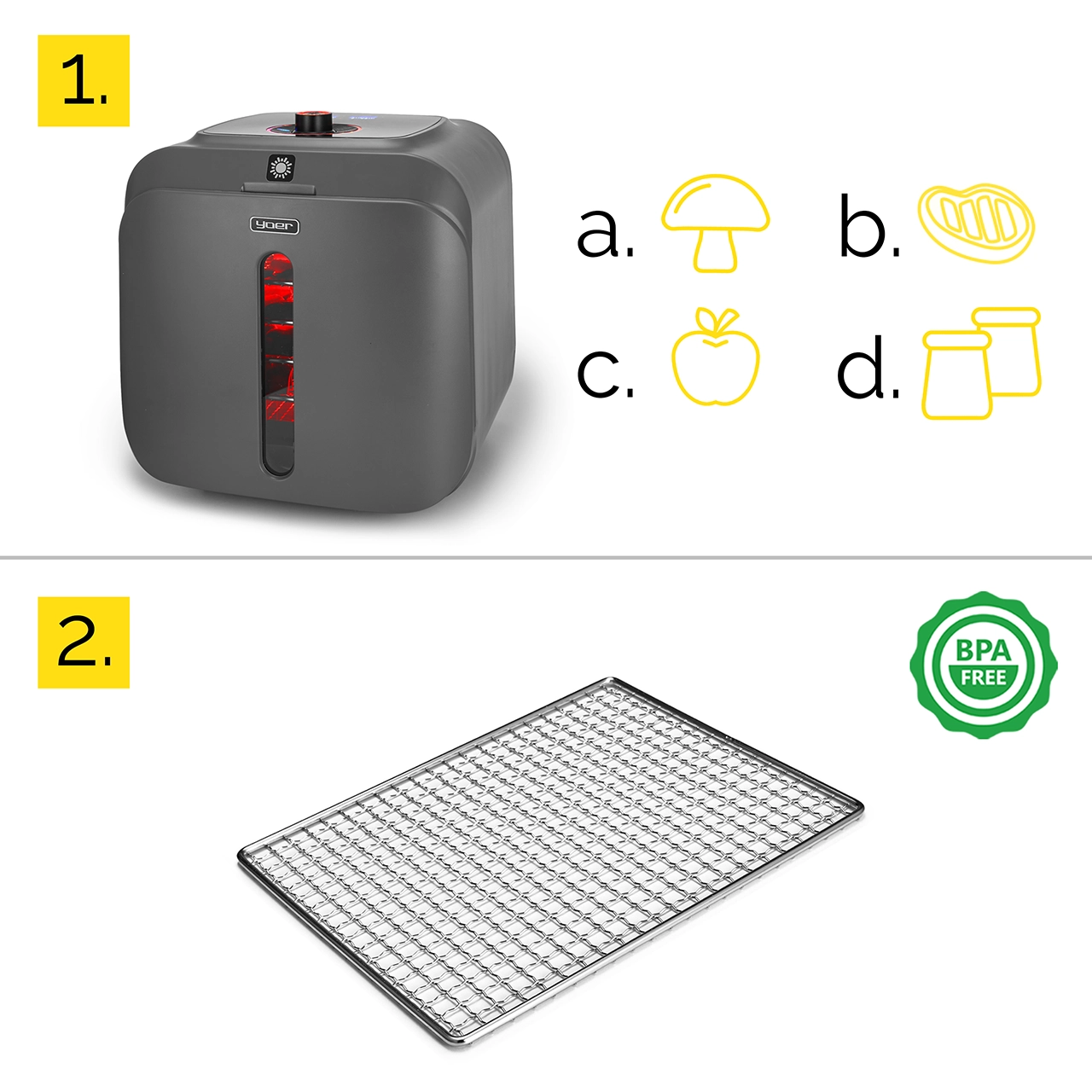 Szary dehydrator do żywności z czerwonym oknem świetlnym, plus ilustracje grzyba, steku, jabłka i słoików.