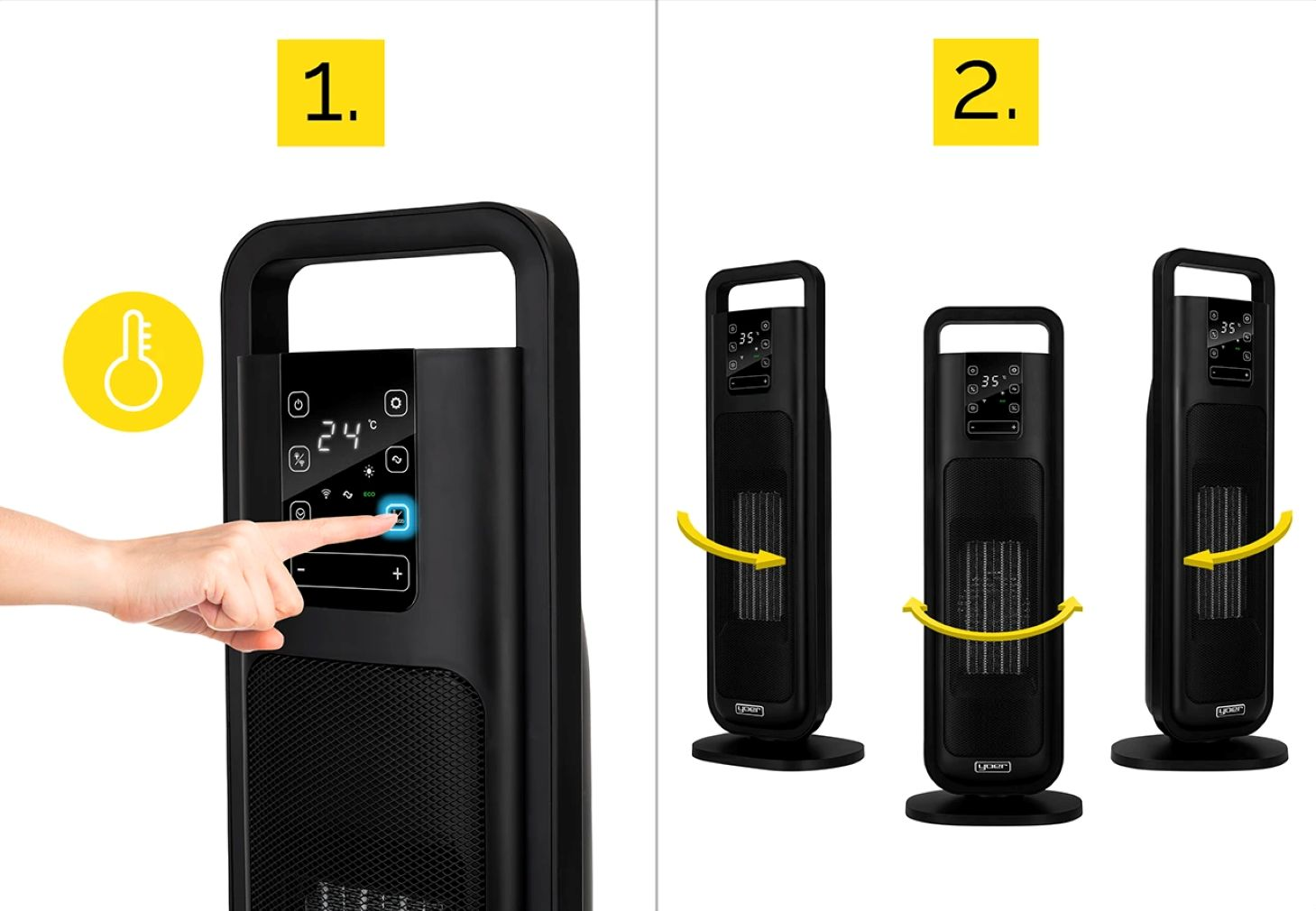 Obrazek przedstawia czarny grzejnik. Na pierwszym obrazku dłoń dotyka panelu sterowania. Drugi obrazek przedstawia trzy grzejniki ze strzałkami przepływu powietrza.