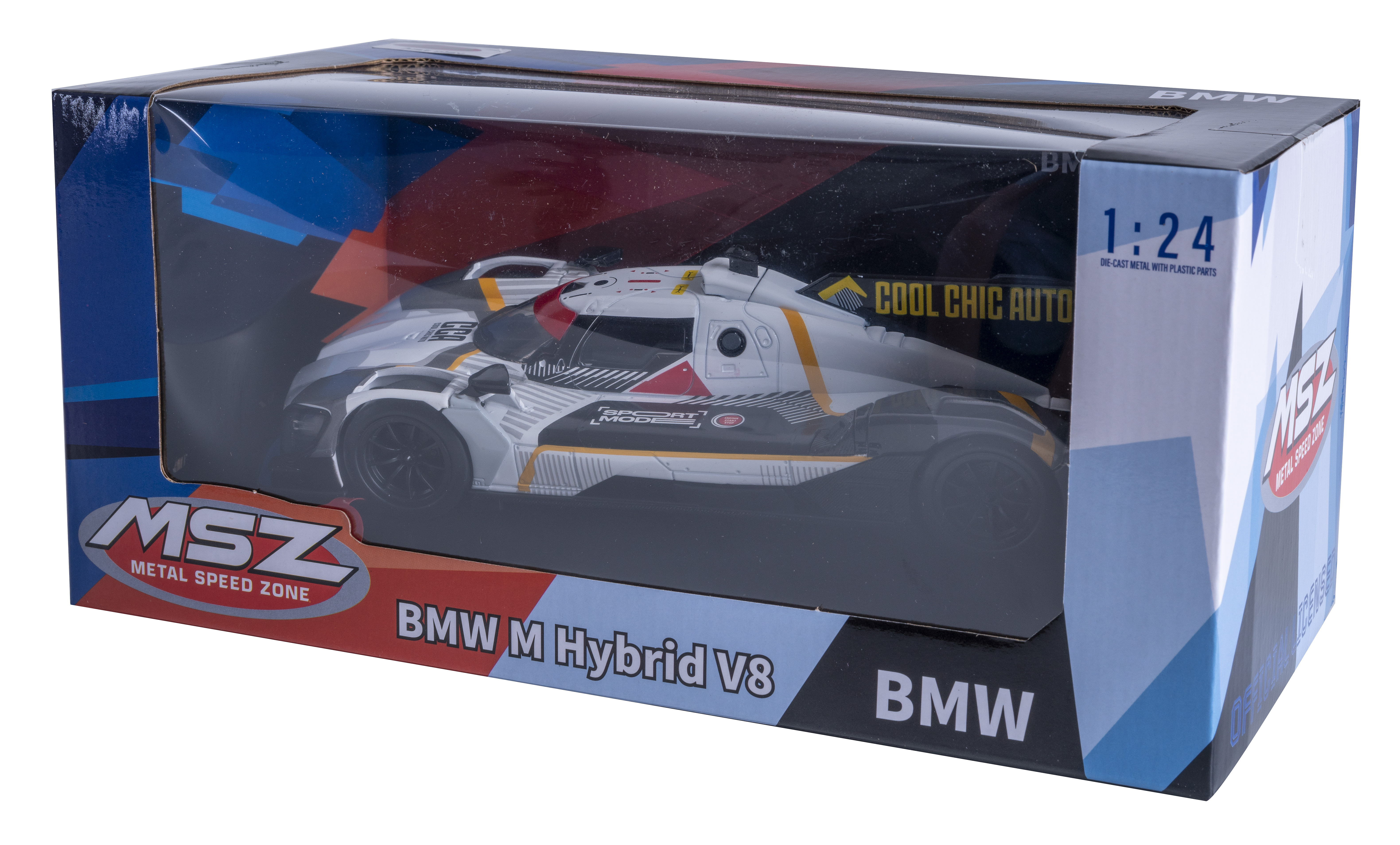 Ein BMW M Hybrid V8 Modellauto in einer Box. Das Auto ist weiß und schwarz. Auf der Box steht MSZ Metal Speed Zone.