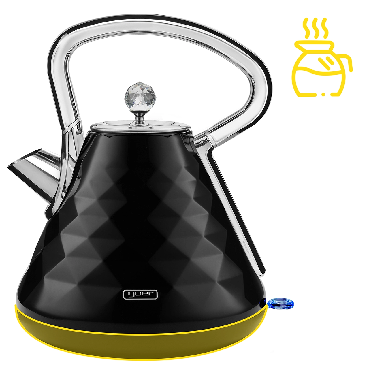 Czarny czajnik elektryczny z rombowym wzorem i chromowanym uchwytem. Żółty kontur znajduje się u podstawy. Widoczna jest również ilustracja pary.