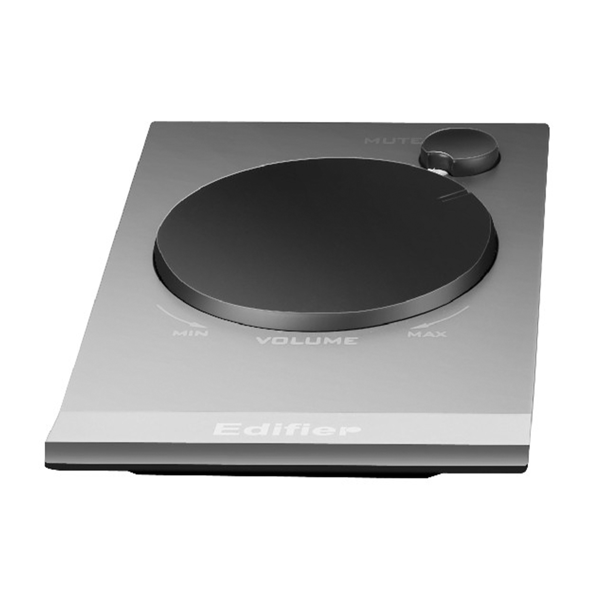 Srebrna regulacja głośności Edifier z dużym czarnym pokrętłem i przyciskiem wyciszania. Etykiety wskazują MIN, VOLUME i MAX.