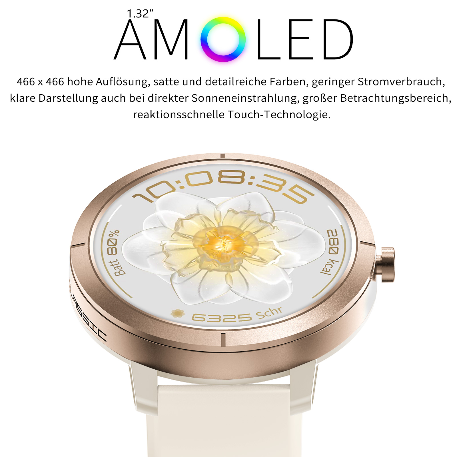 Eine Smartwatch mit weißem Zifferblatt, das eine Blume zeigt, goldfarbenem Gehäuse und weißem Armband. Die Uhrzeit ist 10:08:35.
