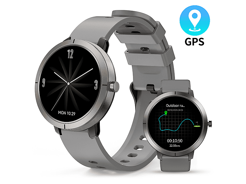 RAYOFI DM76 Smartwatch Zinklegierung, Aluminiumlegierung Silikon, 18 mm, Grau GPS Smartwatch Damen Herren, Eingebautes GPS, 5 ATM wasserdichte Fitness Tracker zum Schwimmen