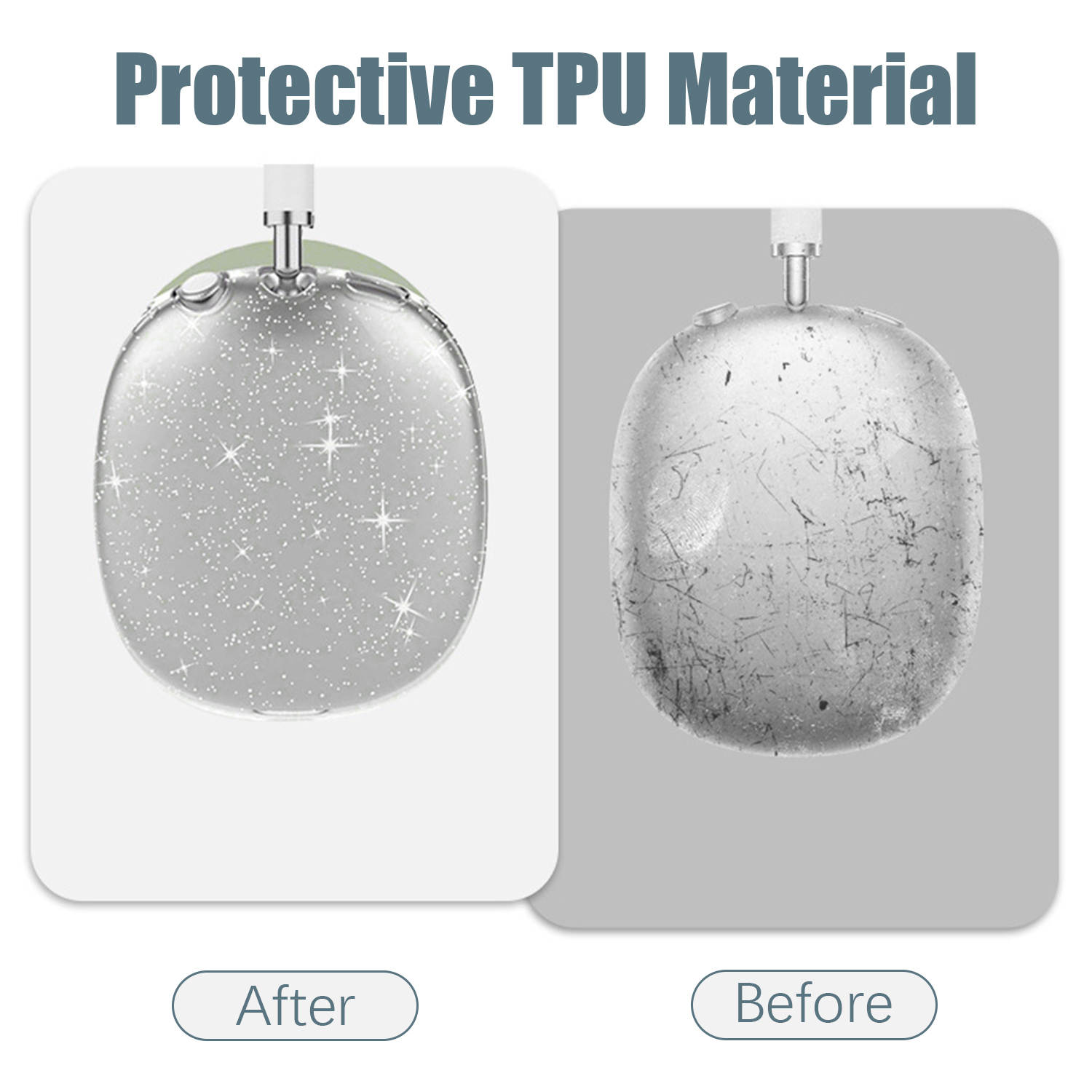 L'immagine mostra un prima e un dopo di un'auricolare. Il 'dopo' mostra una copertura glitterata, il 'prima' ha graffi.