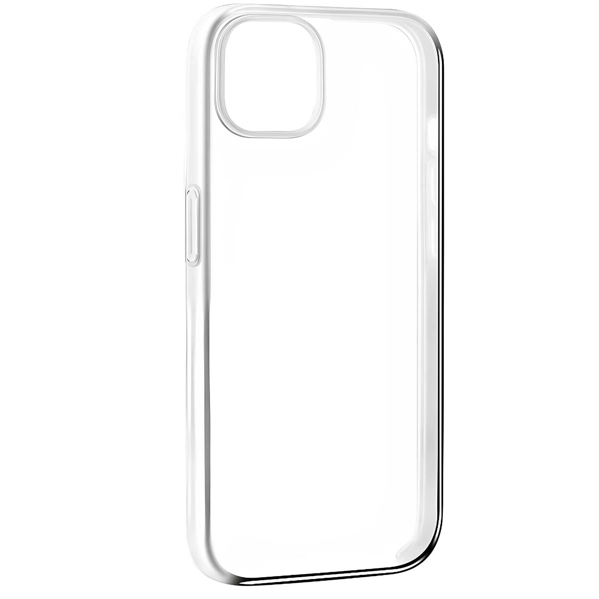 Una custodia trasparente e trasparente per telefono. Ha fori per la fotocamera e i pulsanti. La custodia è realizzata in plastica lucida.