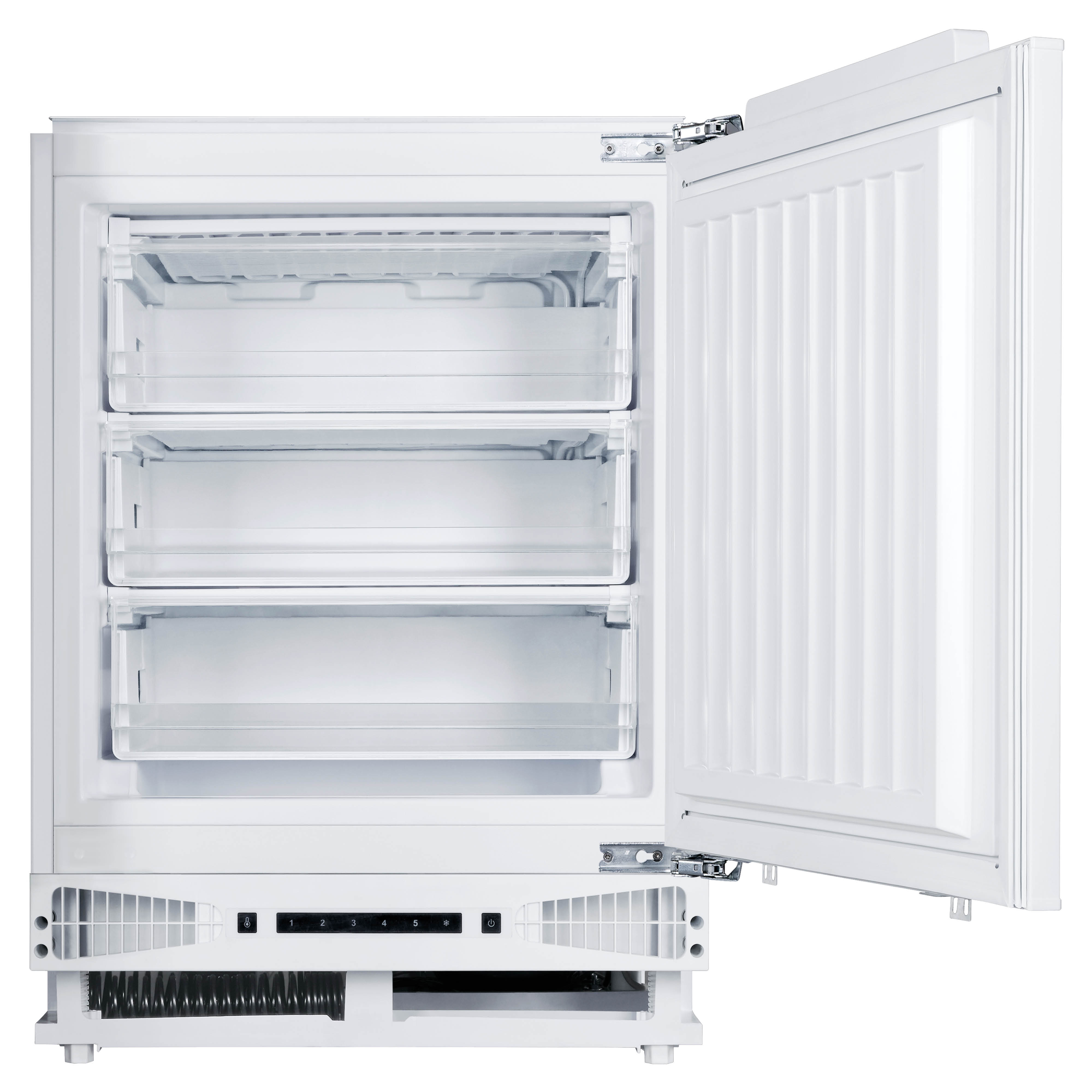 A white freezer with the door open. Inside, there are three clear drawers. The door has vertical lines.