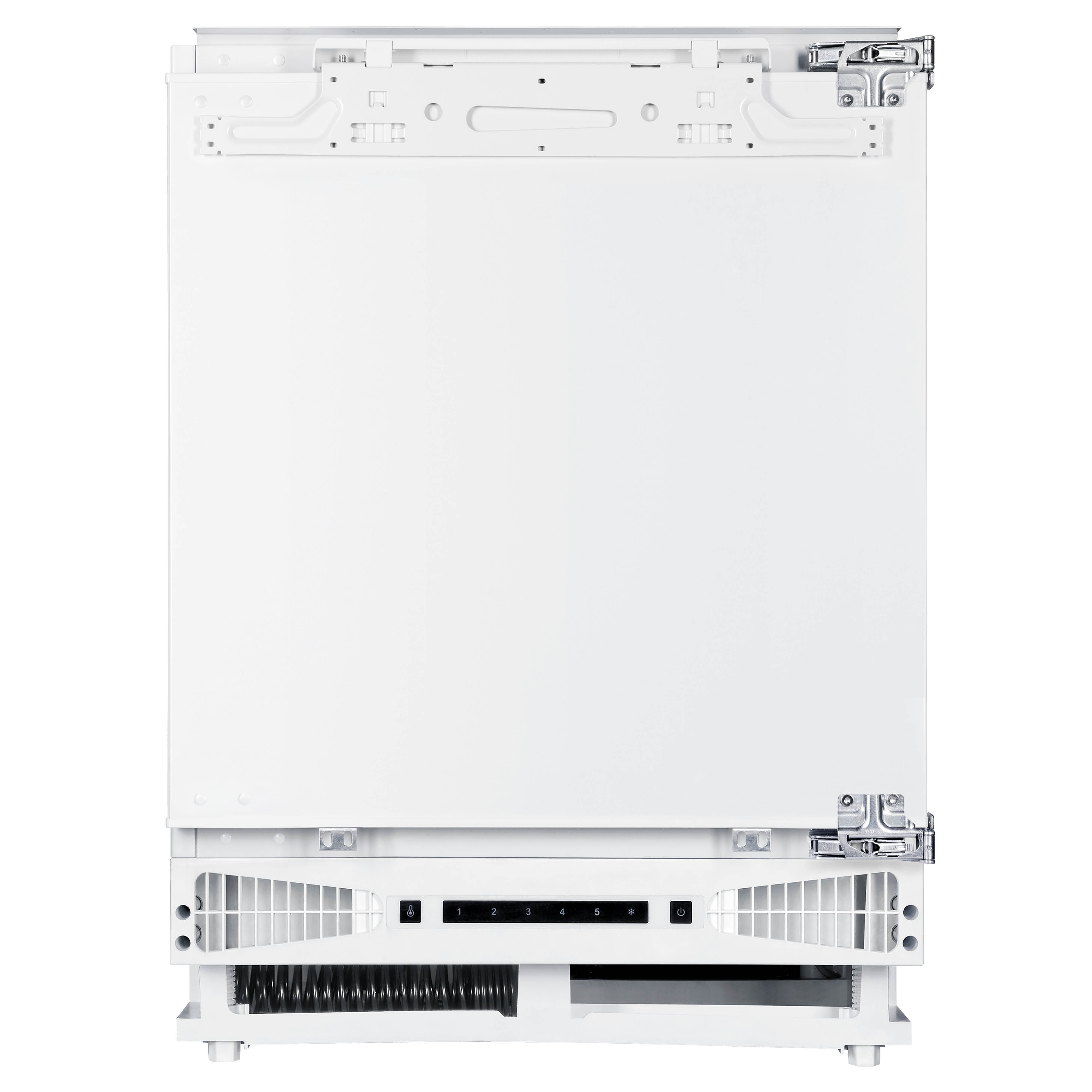 A white appliance front with control panel, numbers, and vents. The top and bottom have hinges.