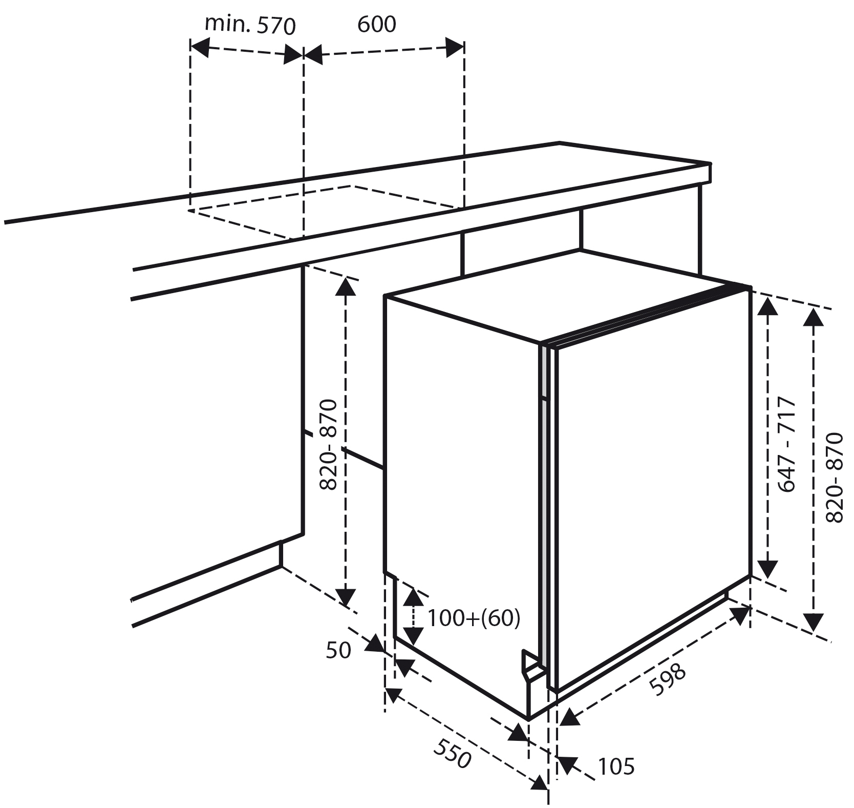 Diagram met afmetingen van een inbouwapparaat. Afmetingen in mm worden aangegeven met stippellijnen en pijlen.