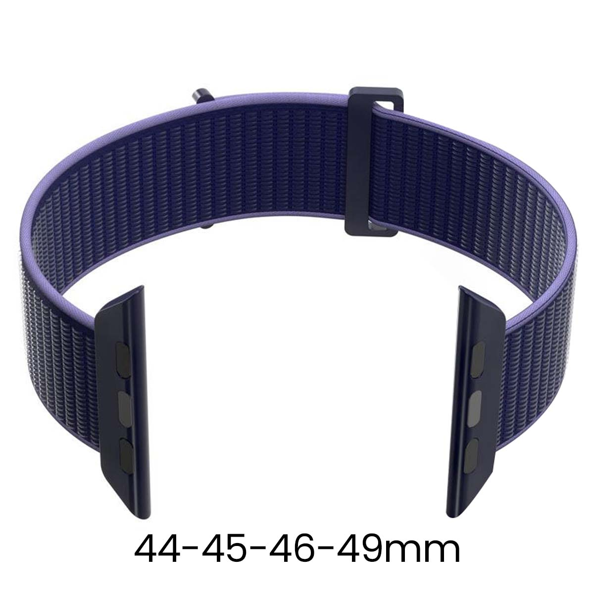 Granatowy pasek do zegarka z fioletowym obszyciem. Ma dwa ciemne złącza i zapięcie. Tekst '44-45-46-49mm' znajduje się na dole.