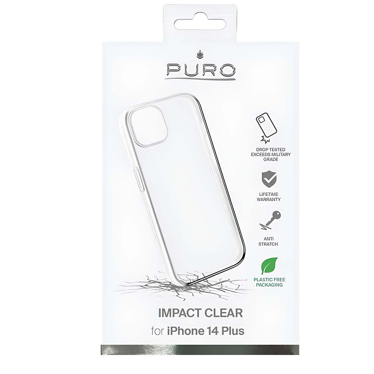 Confezione trasparente per custodia iPhone 14 Plus. Testo include 'PURO', 'IMPACT CLEAR' e icone per protezione caduta, garanzia, antigraffio e senza plastica.