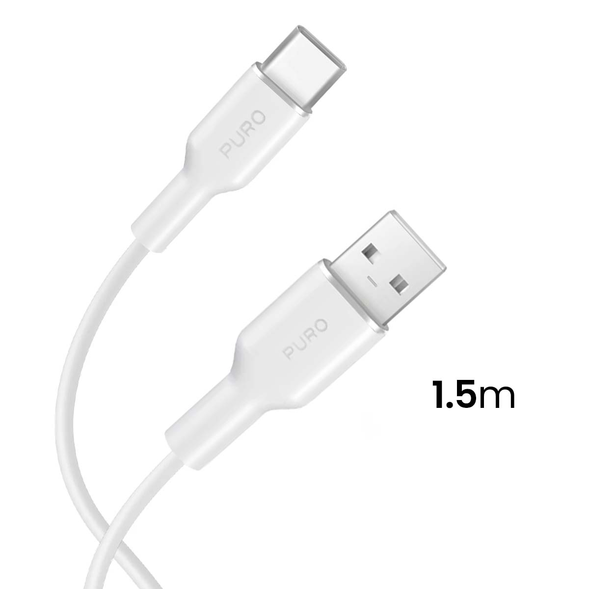 Dwa białe kable USB, jeden USB-C i jeden USB-A, połączone białym kablem. Tekst 1,5m jest napisany po prawej stronie.