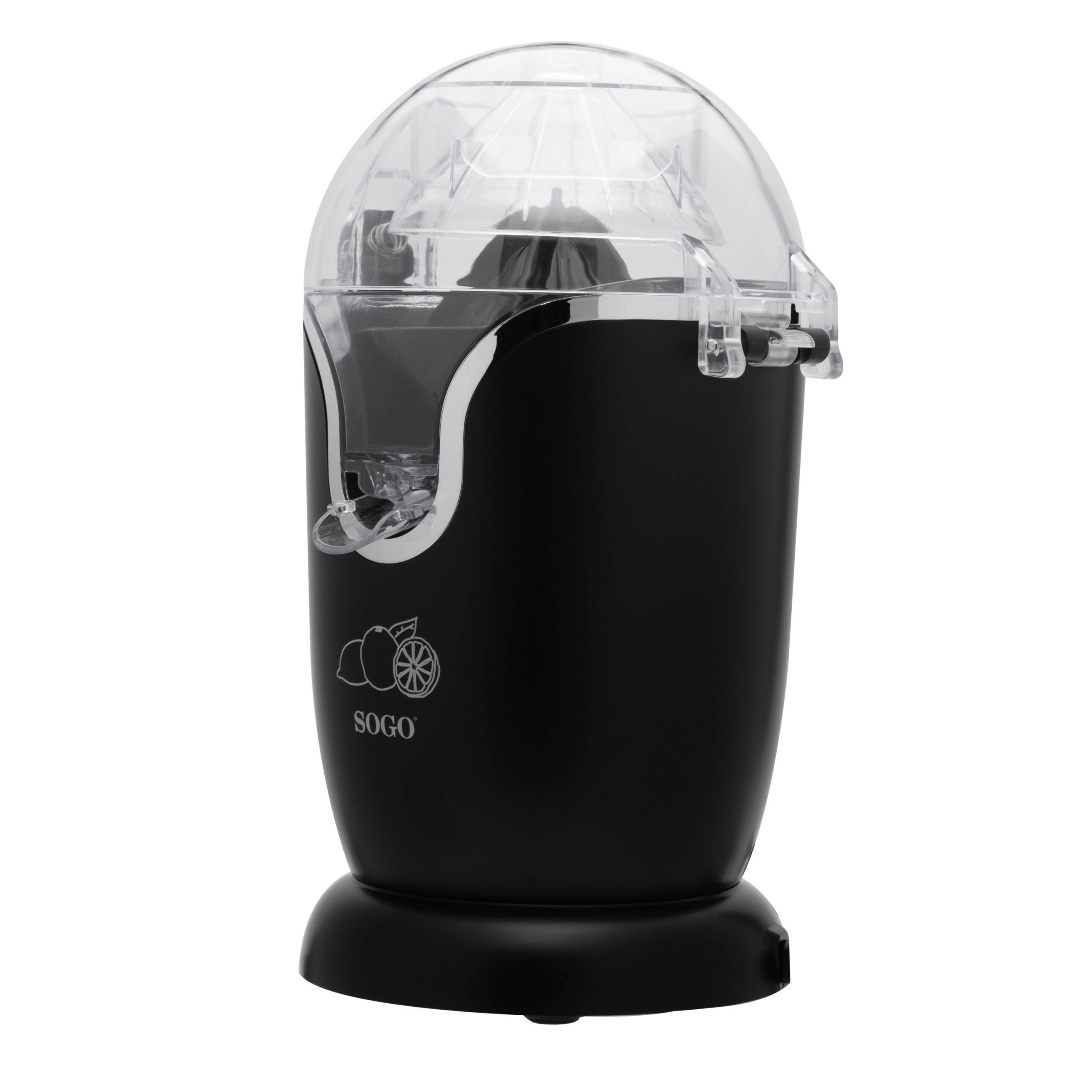Una exprimidora SOGO negra y transparente. Tiene una tapa transparente, un cuerpo negro y una base. El logotipo de la marca es visible.
