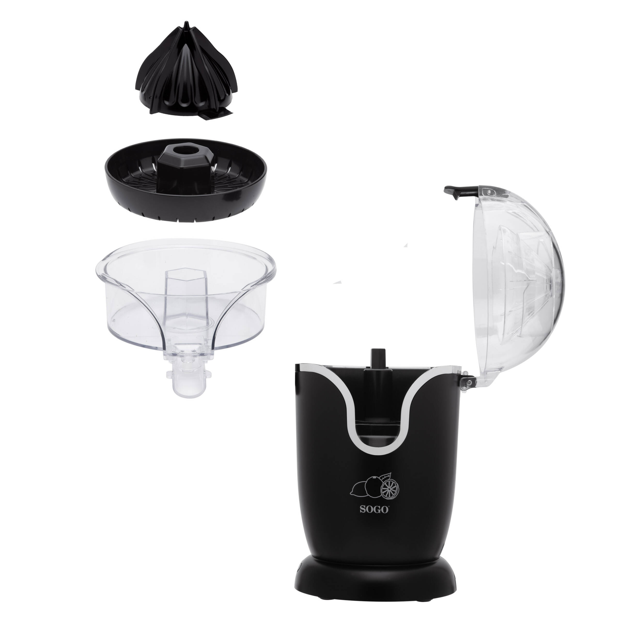 Un exprimidor de cítricos SOGO negro, desmontado. Las piezas incluyen un escariador, un colador, un recipiente y una base. La tapa está abierta.