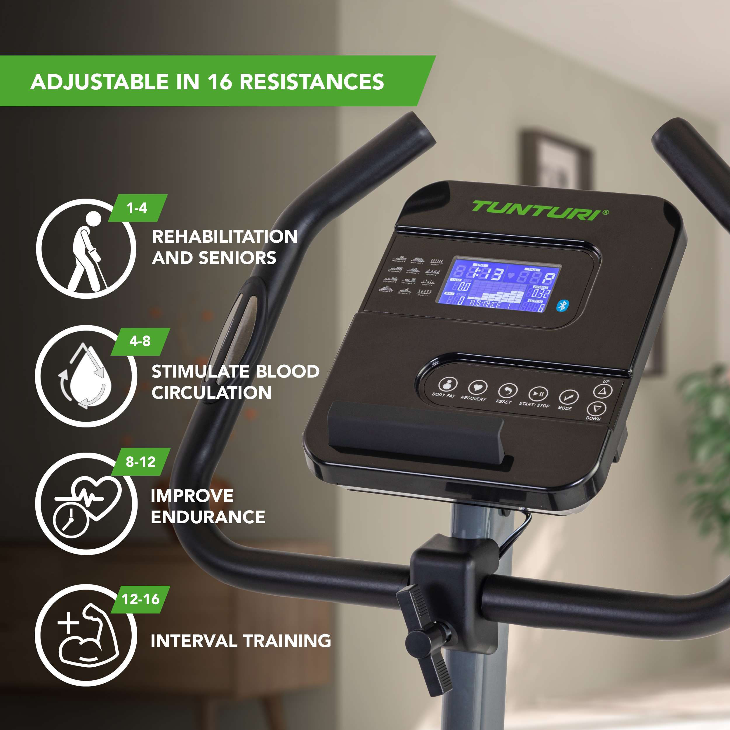 An exercise bike with a black frame, digital display, and labels indicating resistance levels and exercise benefits.