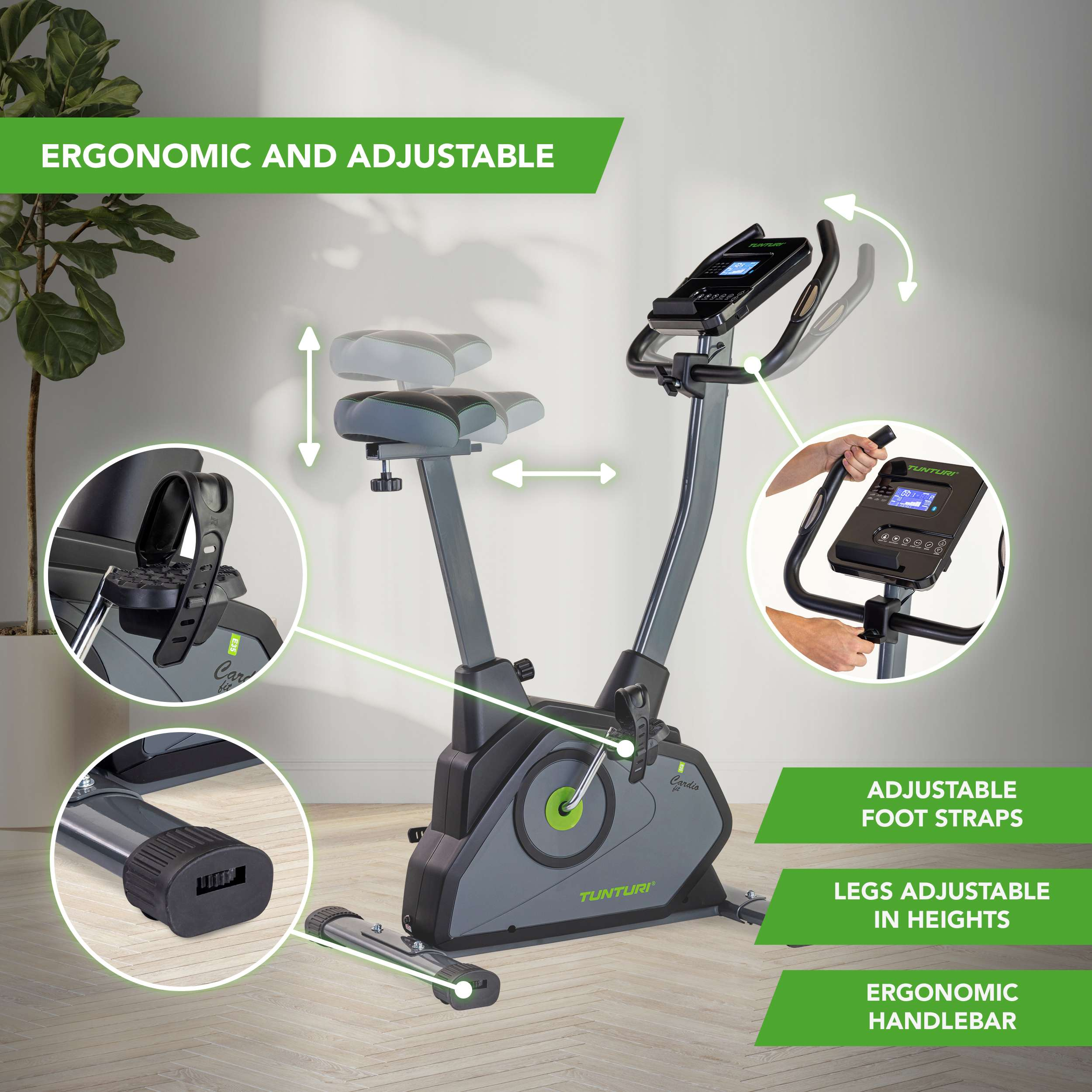 An exercise bike with adjustable features. Details show foot straps, handlebar and seat adjustments, and a digital display.