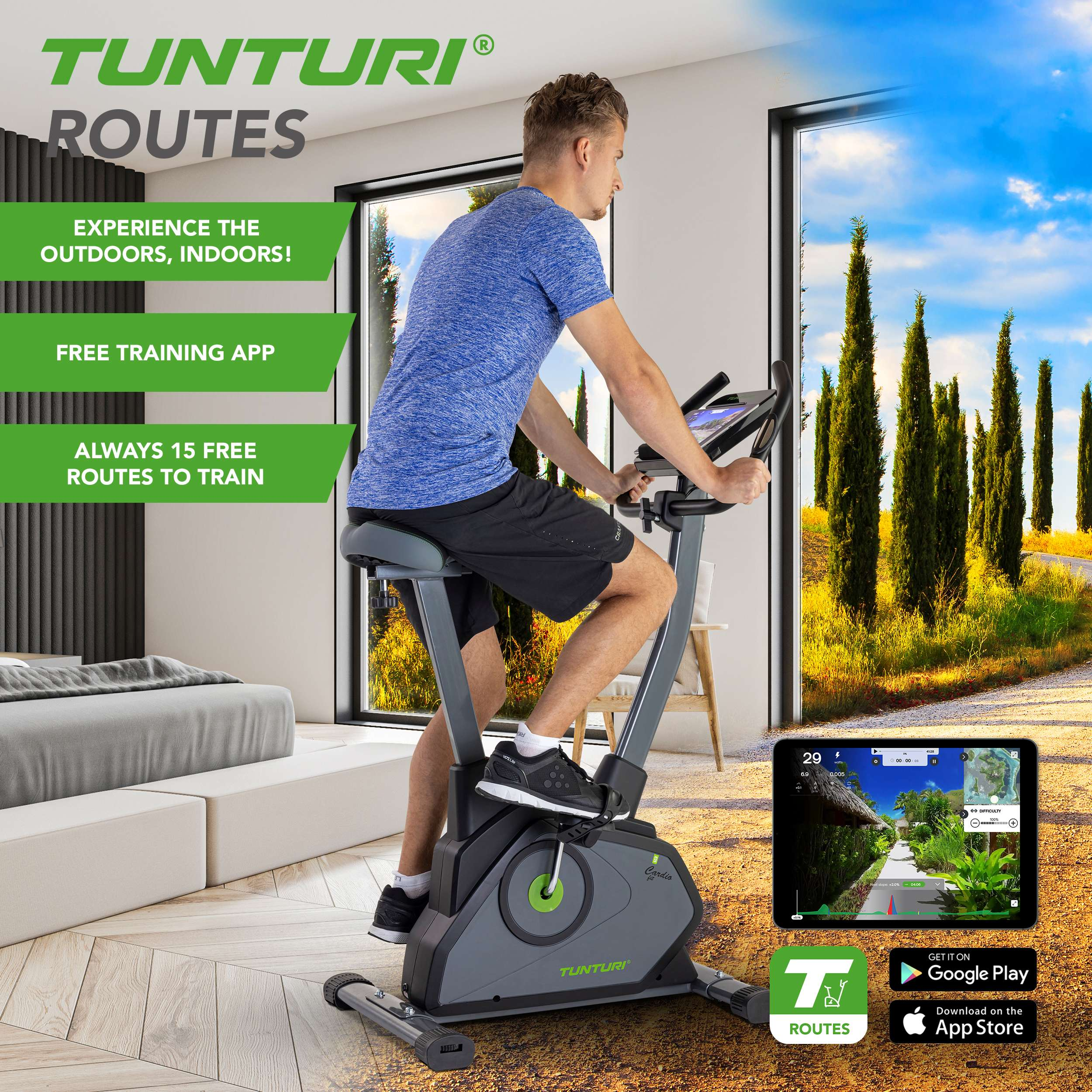 Man on exercise bike. Windows show trees and sky. Tablet displays a route. Tunturi routes branding is visible.