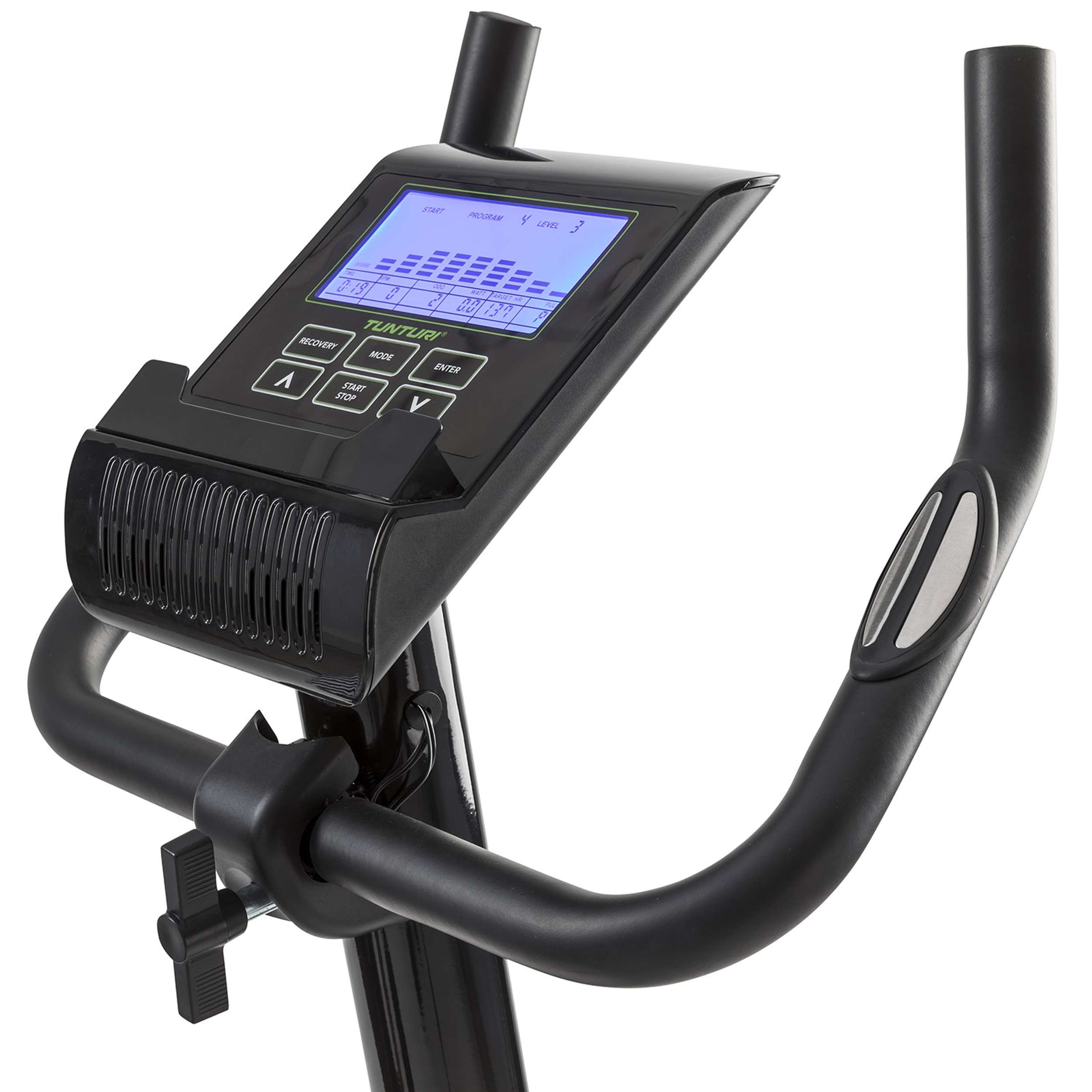 Een zwarte hometrainer console met een scherm met trainingsgegevens en bedieningsknoppen. De handgrepen zijn gebogen.