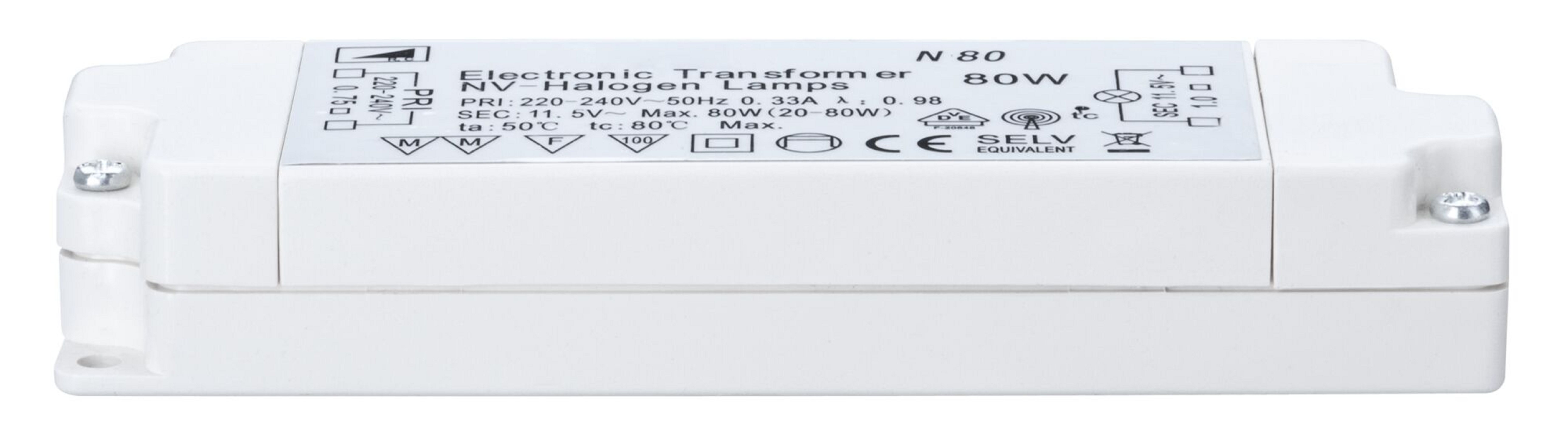 Trasformatore elettronico bianco con testo nero, specifiche e certificazioni, fissato con viti.