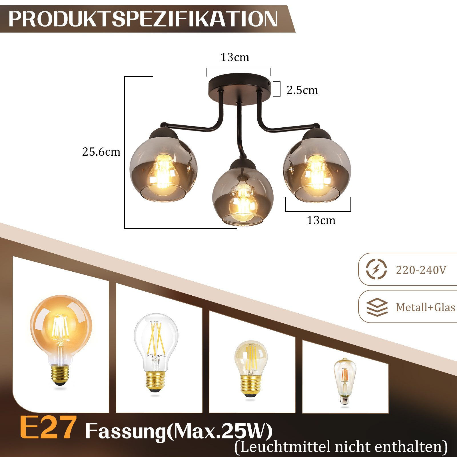 Una lampada da soffitto con tre paralumi in vetro, sono indicate le misure. Sotto sono visualizzati diversi tipi di lampadine.
