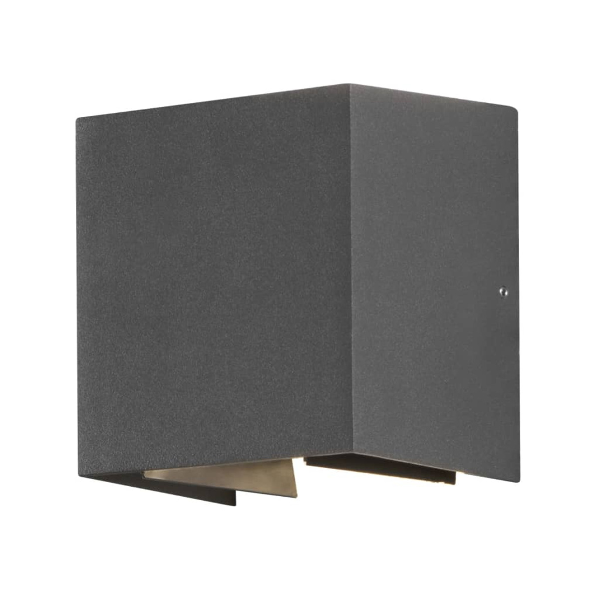 Una lampada da parete grigio scuro a forma di cubo. Ha una piastra metallica sul fondo e una piccola vite sul lato. Sfondo bianco.