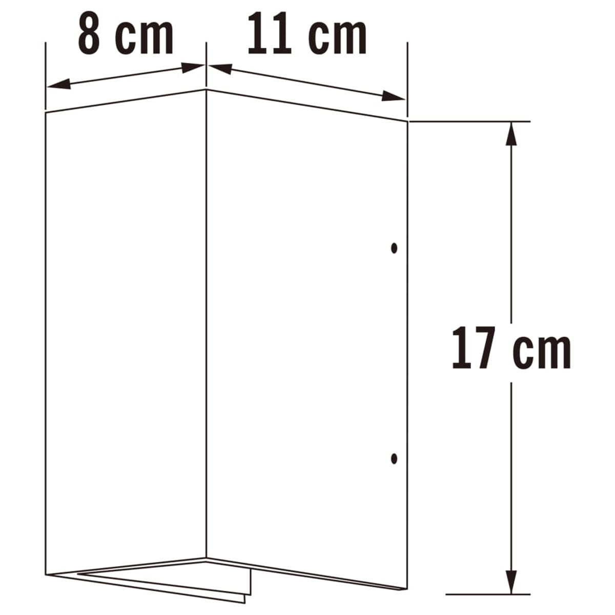 Un diagramma rettangolare con dimensioni: 8 cm, 11 cm e 17 cm. Presenta linee, etichette di misurazione e due punti neri.