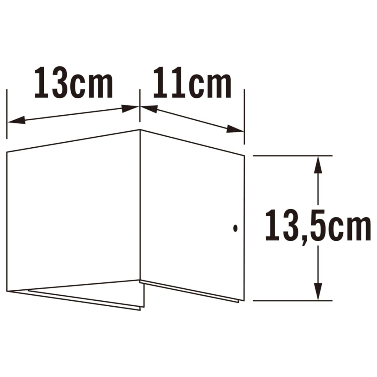 Diagramma di una scatola con dimensioni: 13cm, 11cm e 13,5cm. La scatola è mostrata aperta, con le dimensioni chiaramente indicate.