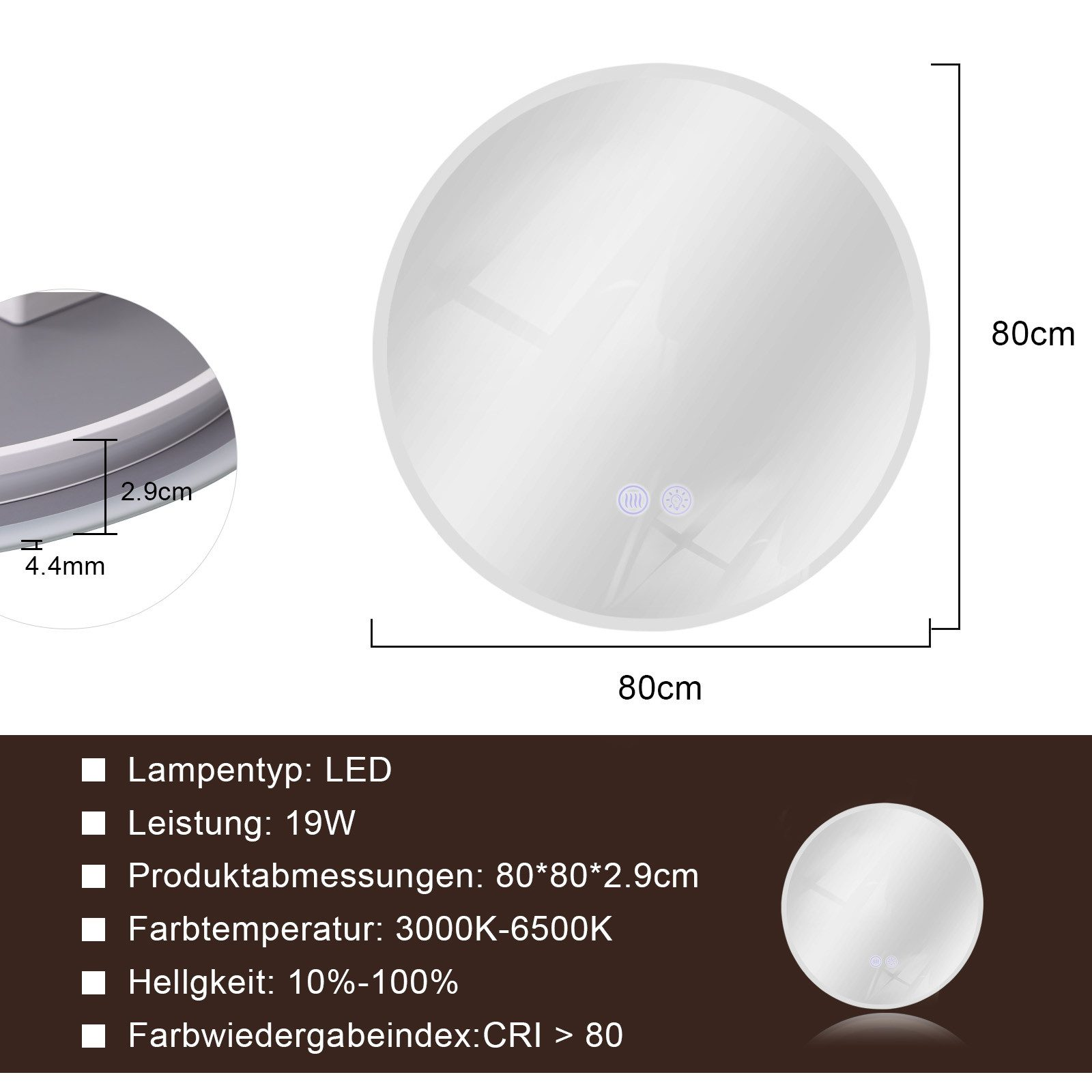 Viene mostrato uno specchio rotondo con dimensioni e specifiche. Sono fornite le misure, tra cui 80 cm di diametro e 2,9 cm di spessore.