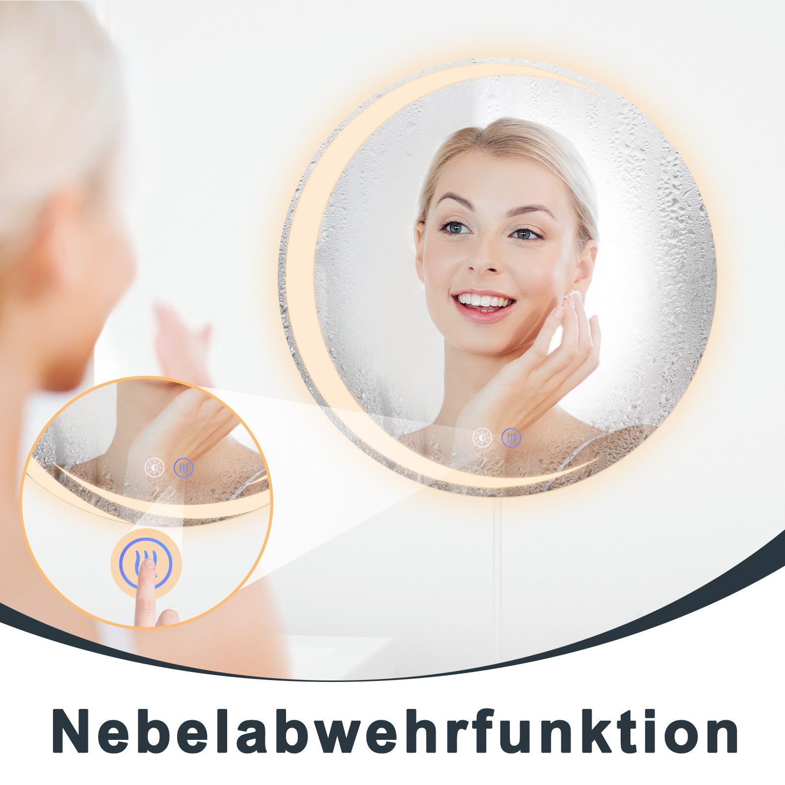 Kobieta w lustrze, dotyka twarzy. Lustro ma podświetlaną ramę. Ręka dotyka czujnika dotykowego. Tekst na dole: Nebelabwehrfunktion.