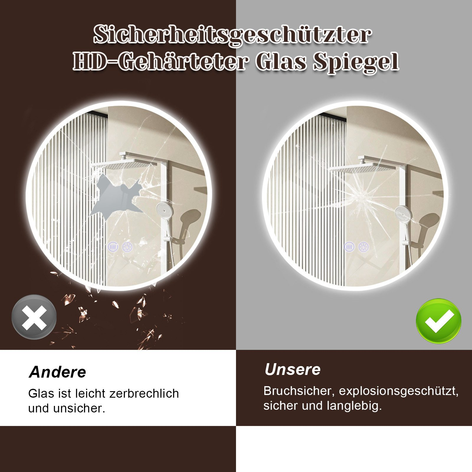 L'immagine confronta due specchi: uno rotto, etichettato 'Andere'; l'altro intatto, etichettato 'Unsere'. Il testo evidenzia la sicurezza.