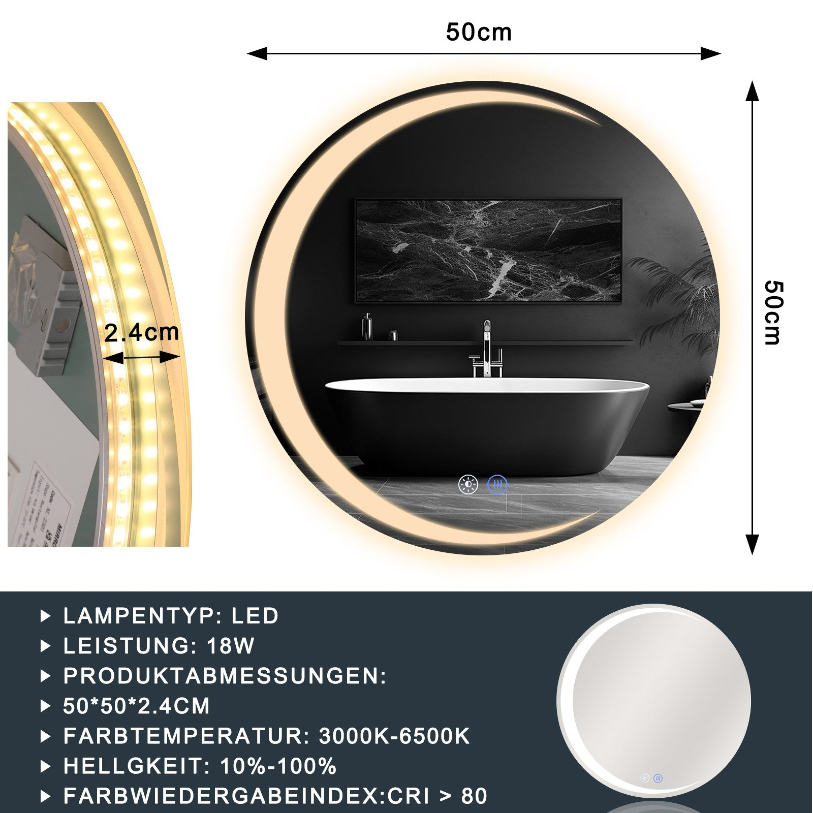 Okrągłe, podświetlane lustro z czarną wanną w łazience. Wymiary to 50x50x2,4cm.