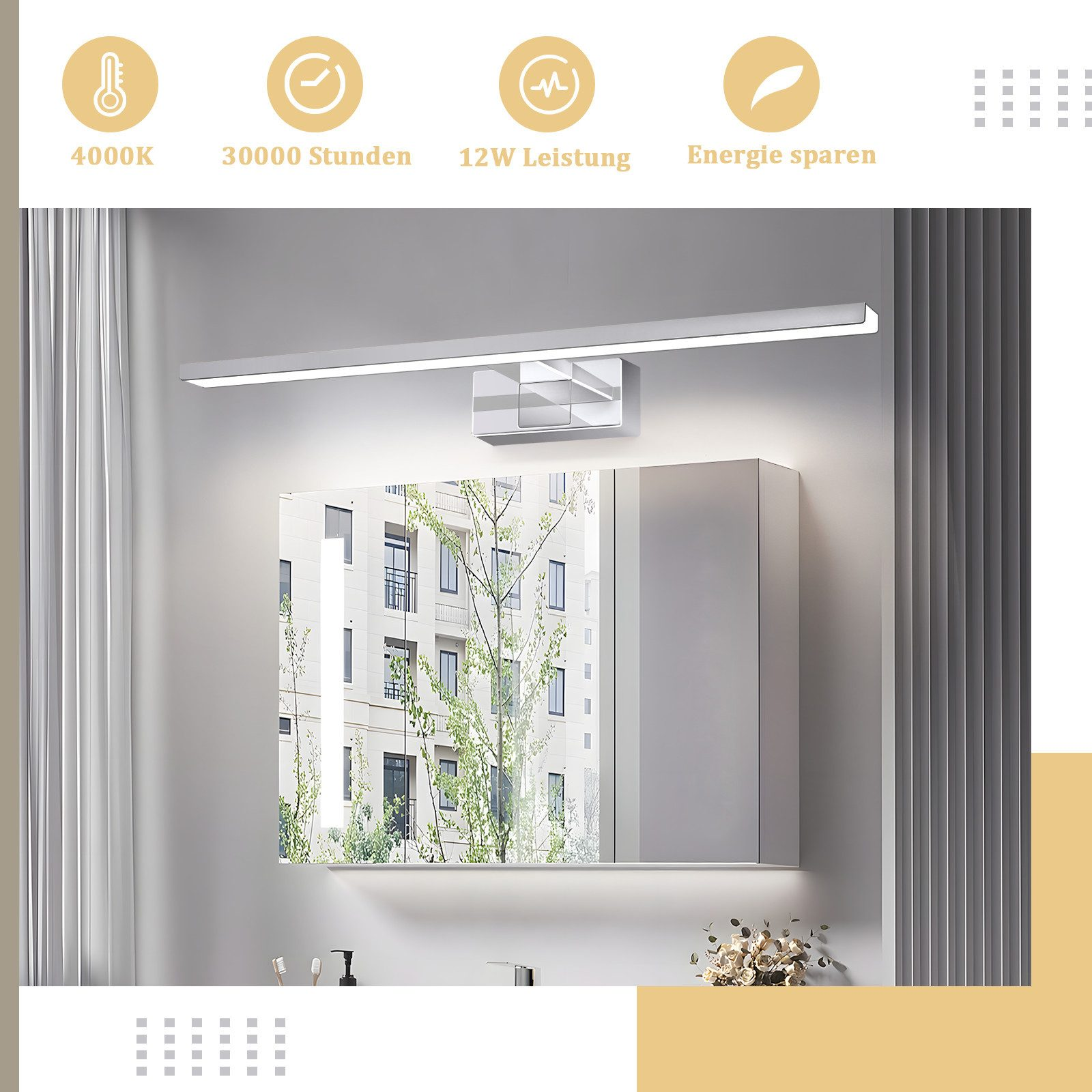 Scena del bagno. Uno specchio illuminato, un mobile e un apparecchio di illuminazione. Il riflesso mostra edifici e alberi. Fiori e articoli da toeletta.