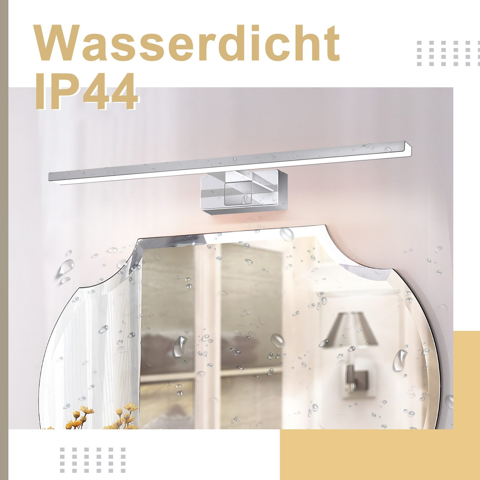 Un moderno apparecchio di illuminazione per il bagno sopra uno specchio con gocce d'acqua. Il testo 'Wasserdicht IP44' è in alto.