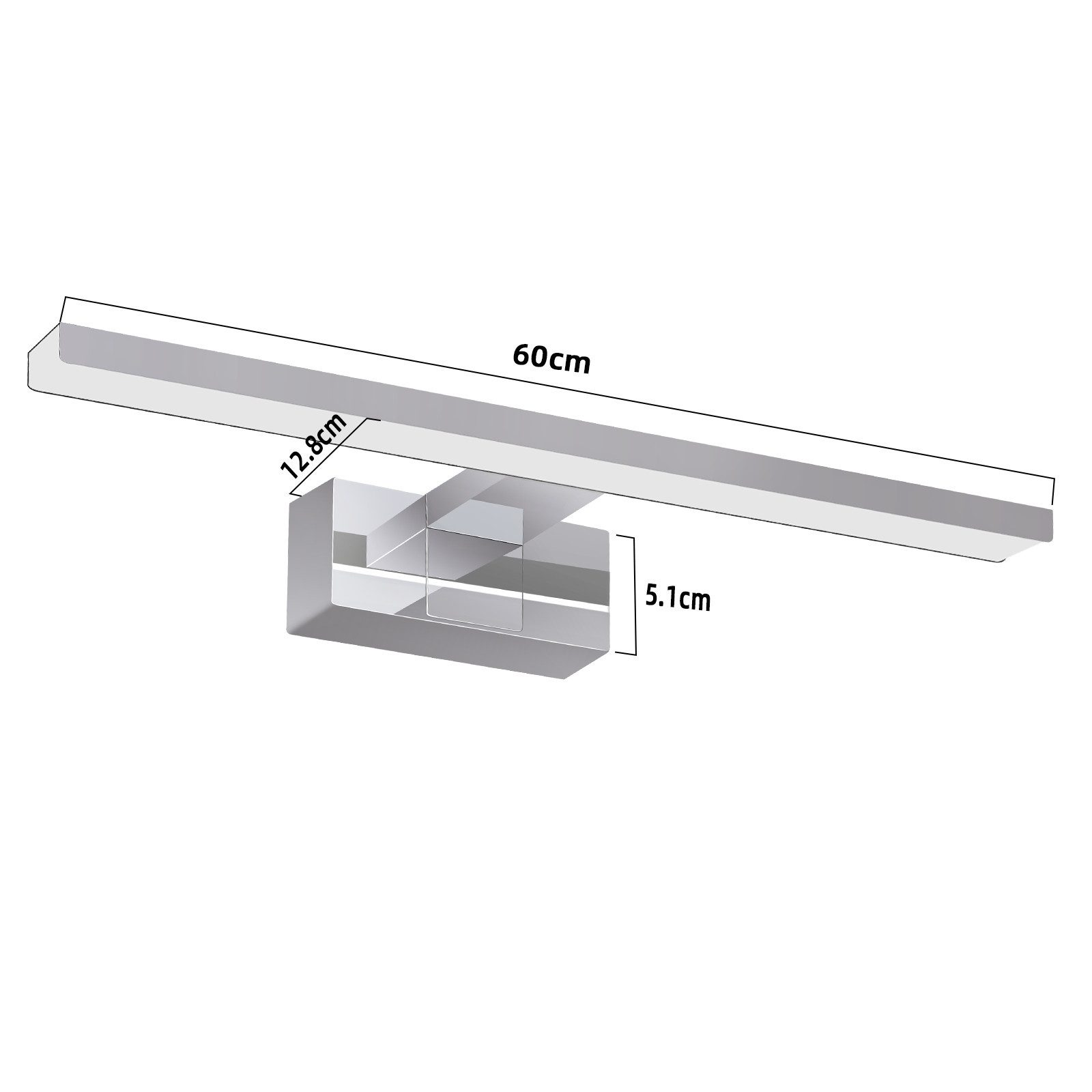 Una lampada bianca e moderna con dimensioni etichettate. Ha una luce rettangolare lunga e una base quadrata, con una larghezza di 60 cm.