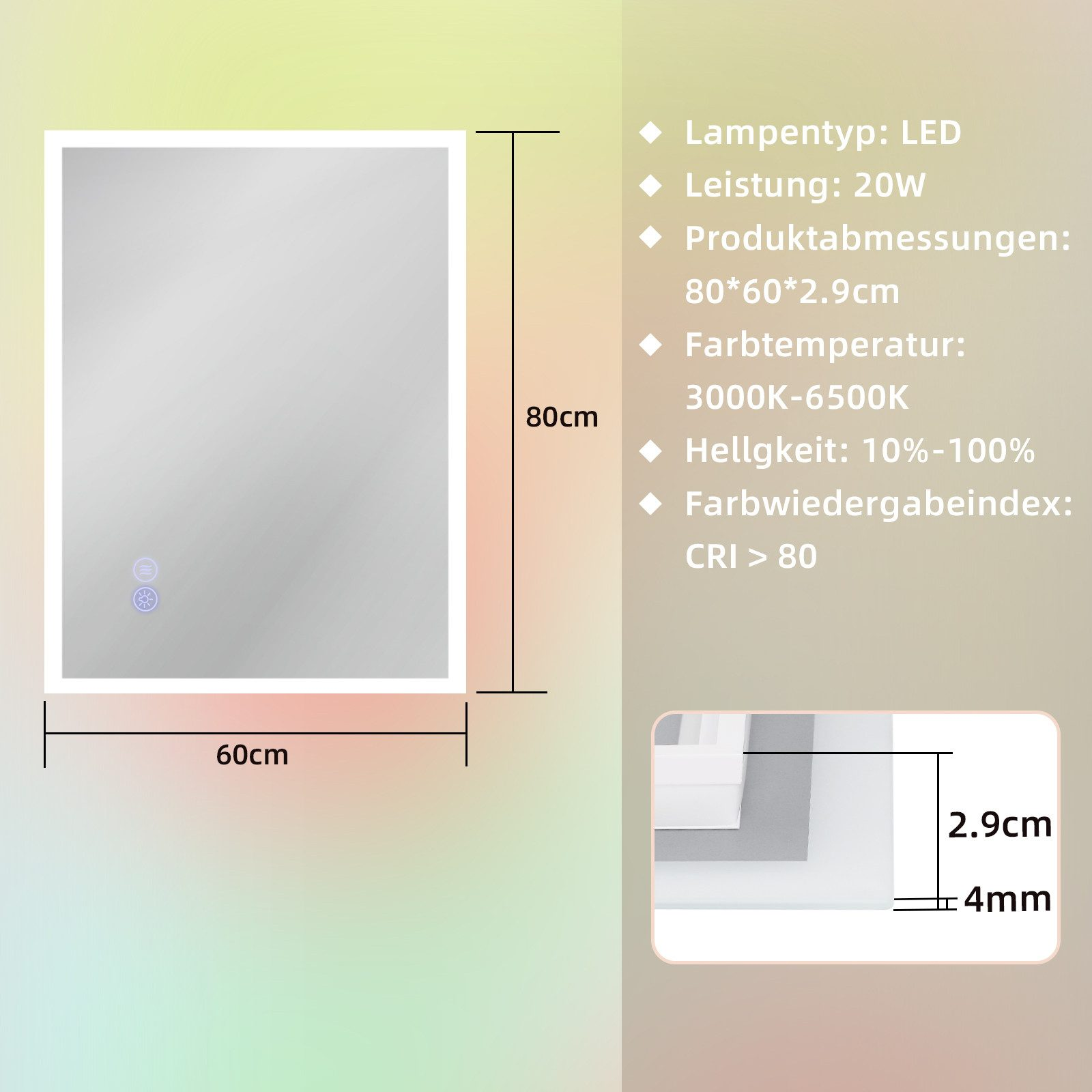 Prostokątne lustro z wymiarami. Szczegóły tekstowe LED, 20W, rozmiar, temperatura barwowa, jasność i wskaźnik oddawania barw.
