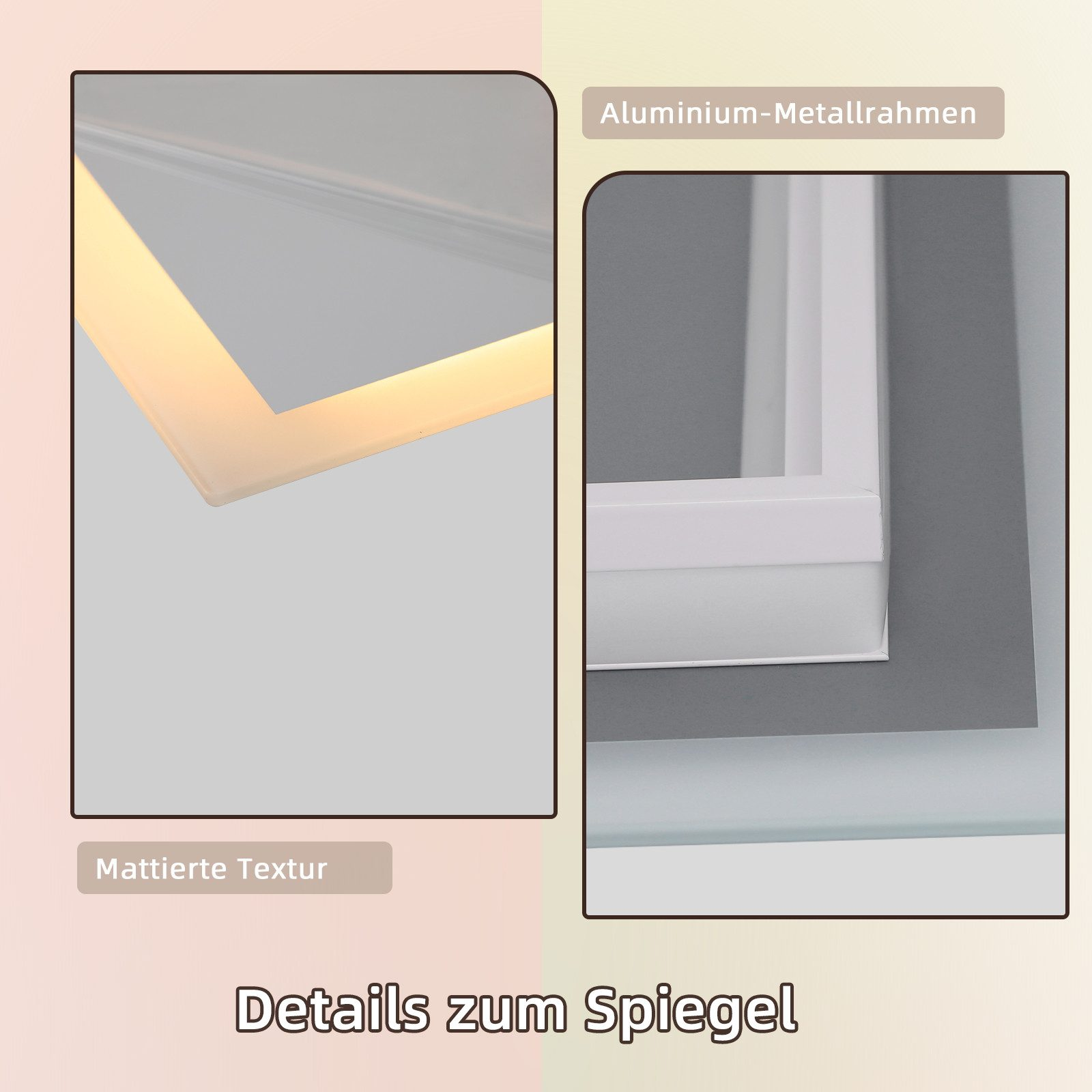 Szczegóły obrazu lustra z białą ramą, aluminiową ramą metalową i matową fakturą. Dwa zbliżenia pokazują szczegóły.