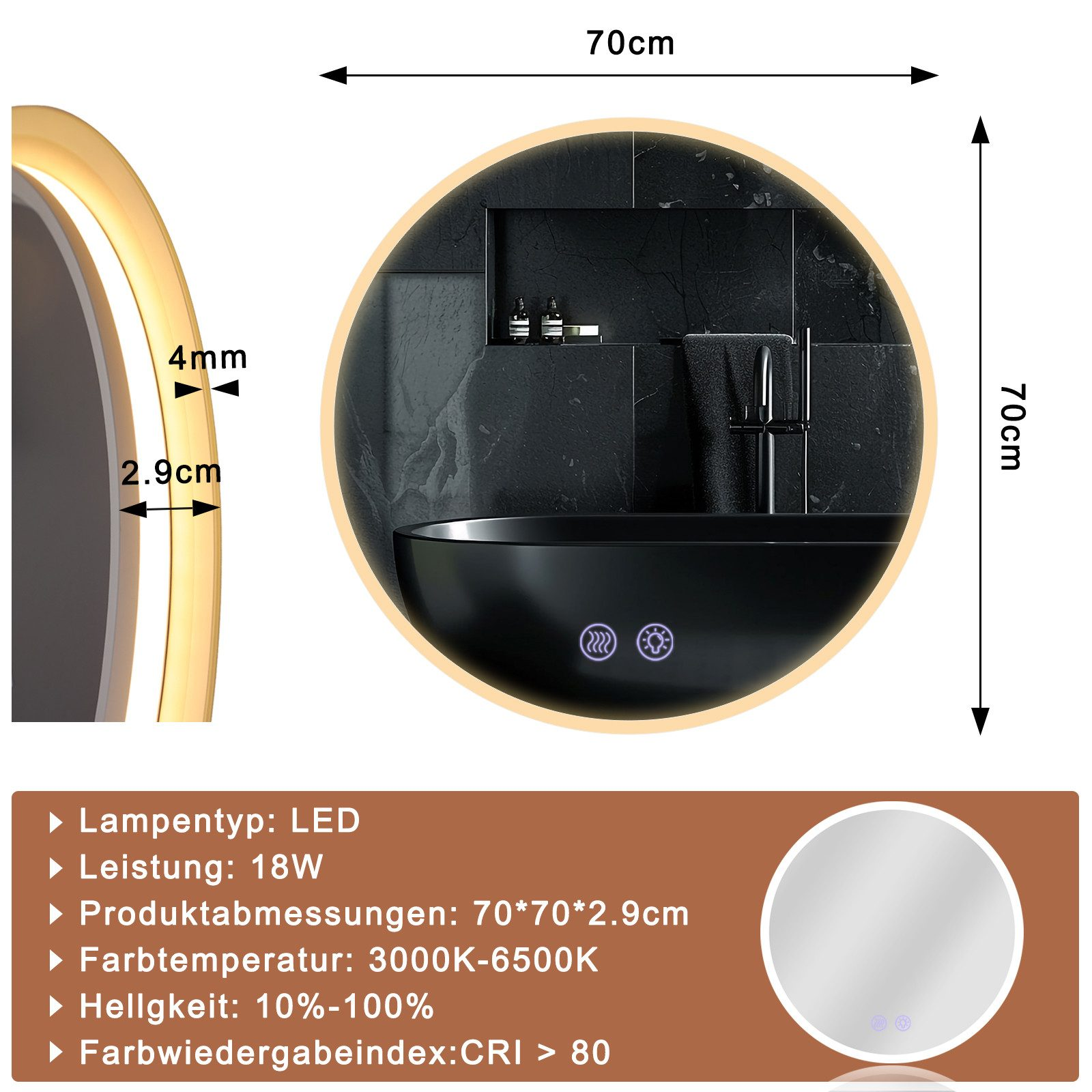 Uno specchio rotondo con illuminazione a LED, 70 cm, e profondo 2,9 cm. Dispone di controlli touch in un ambiente bagno.